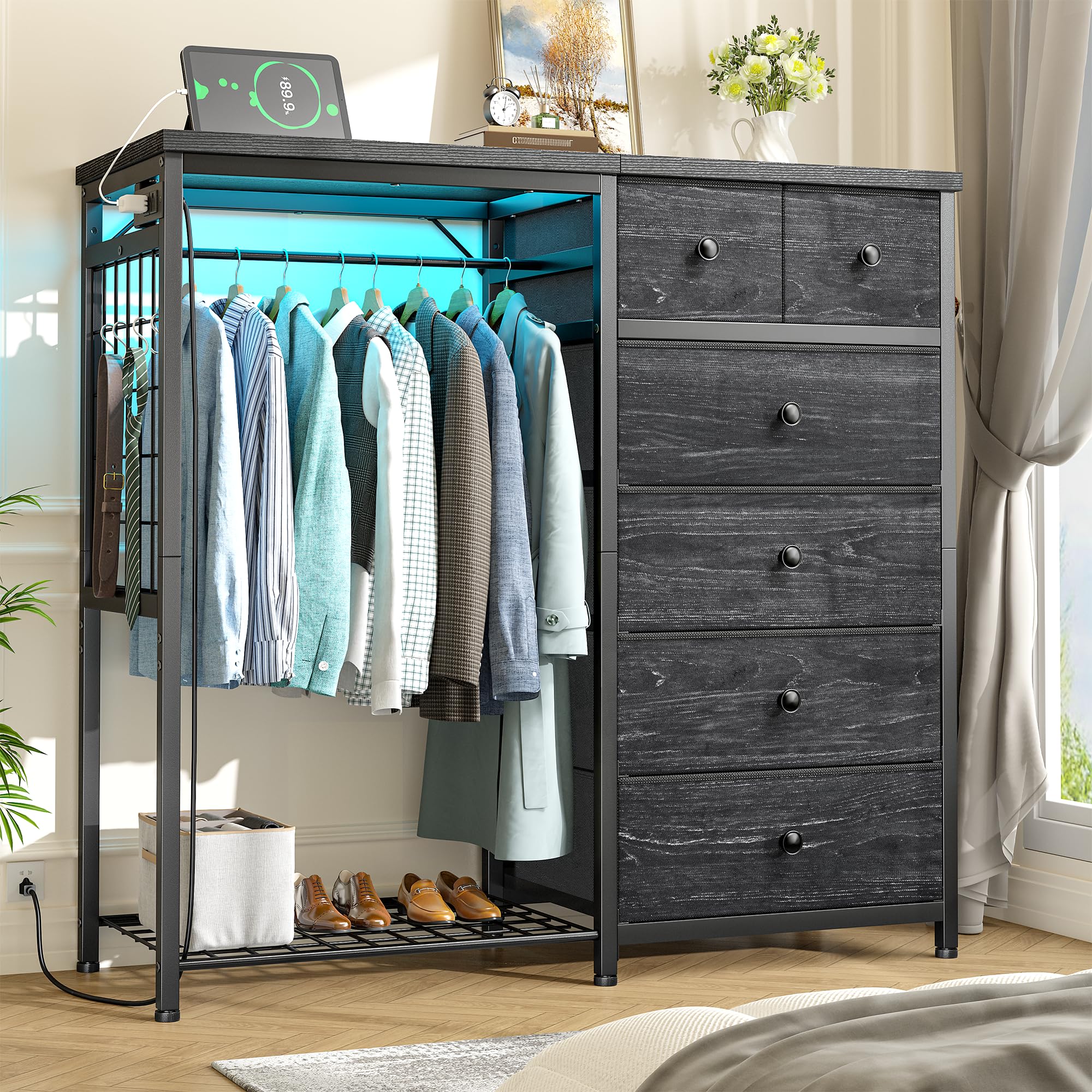 EnHomee Dresser with Hanging Rack, 6 Drawers with LED Lights & Charging Station, Fabric Chest of Drawers, Closet Storage Organizer with Open Shelves for Living Room, Black