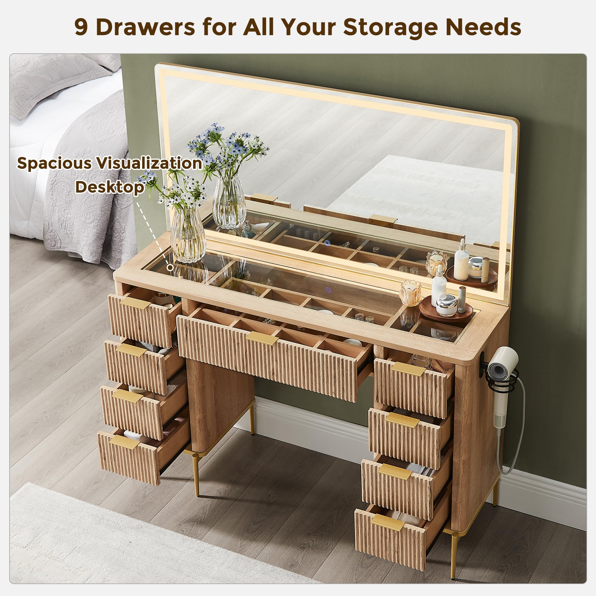 T4TREAM 48" Fluted Makeup Vanity Desk with 48" Large Mirror and HD Lights, Modern Vanity Table with 9 Drawers & Charging Station, Glass Top and Golden Handles Dressing Table for Bedroom,Natural Oak