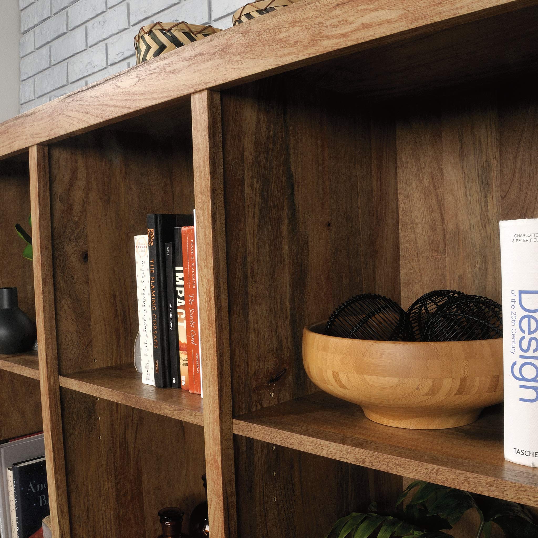 Sauder Cannery Bridge Bookcase Storage Wall, Storage Shelves with Drawers, in Sindoori Mango