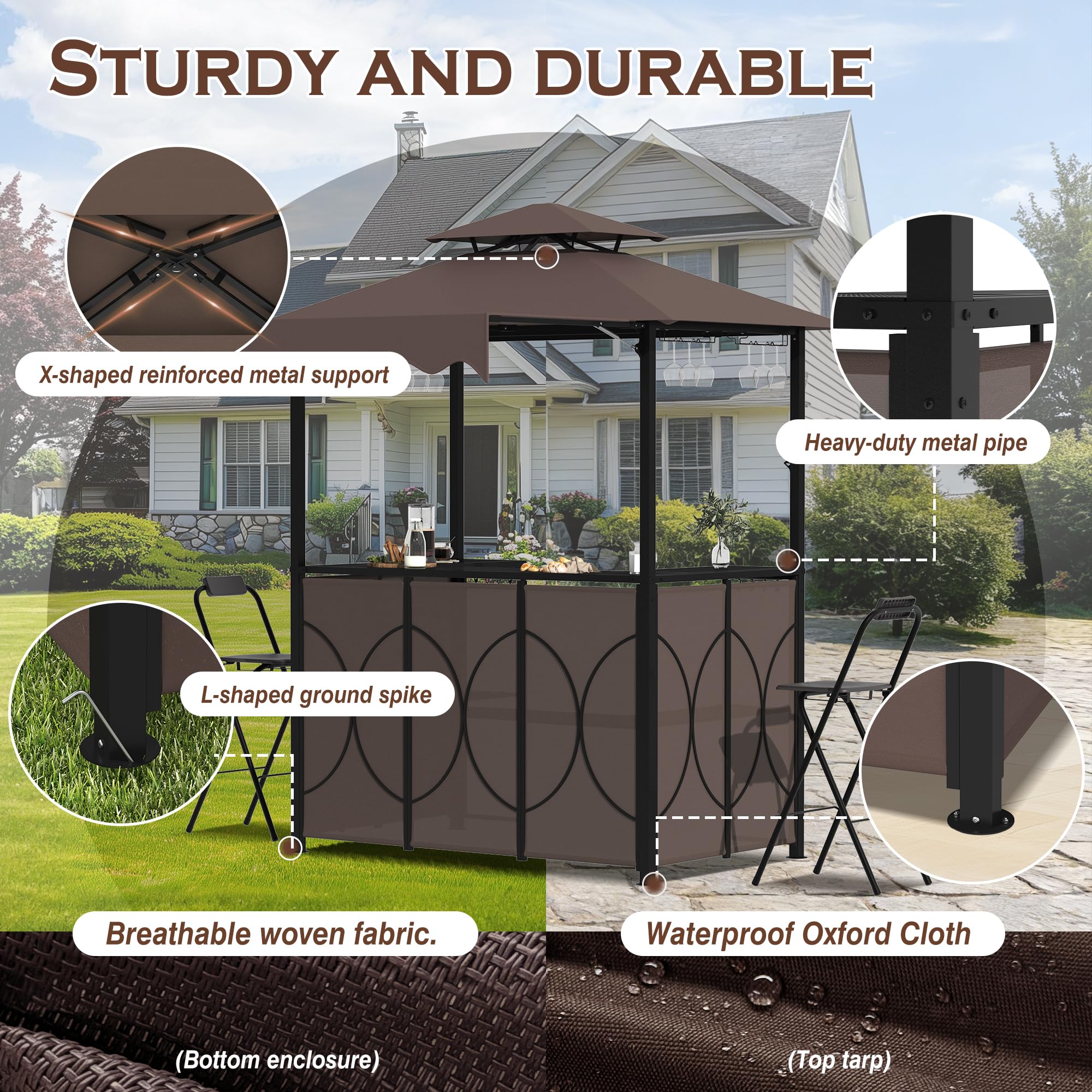 Grepatio 3 Piece Patio Bar Set with Canopy, Grill Gazebo with Bar Table and 2 Foldable Stools, Outdoor Bar Set with Storage Shelves, Extra Adjustable Shadow, Glass Holders for Garden Backyard