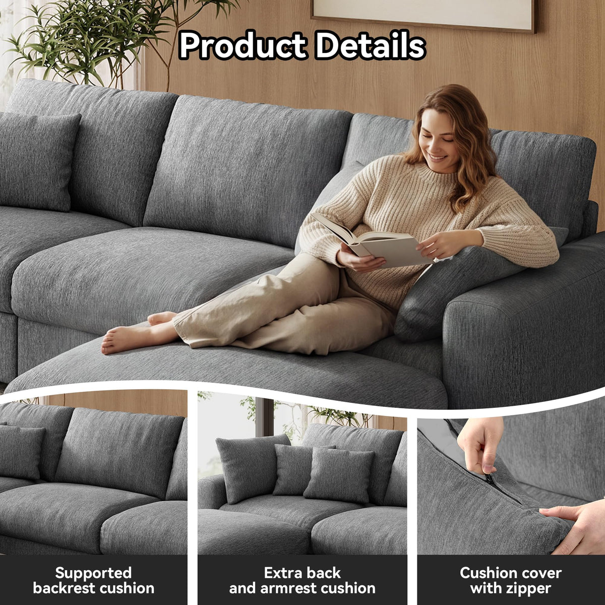 WorthFurni 140” Oversized Cloud Sectional Couches for Living Room, Modern Modular Sectional Sofa with Deep Seat, Convertible U Shape Couch with Storage Ottoman for Apartment, Chenille (Dark Gray)