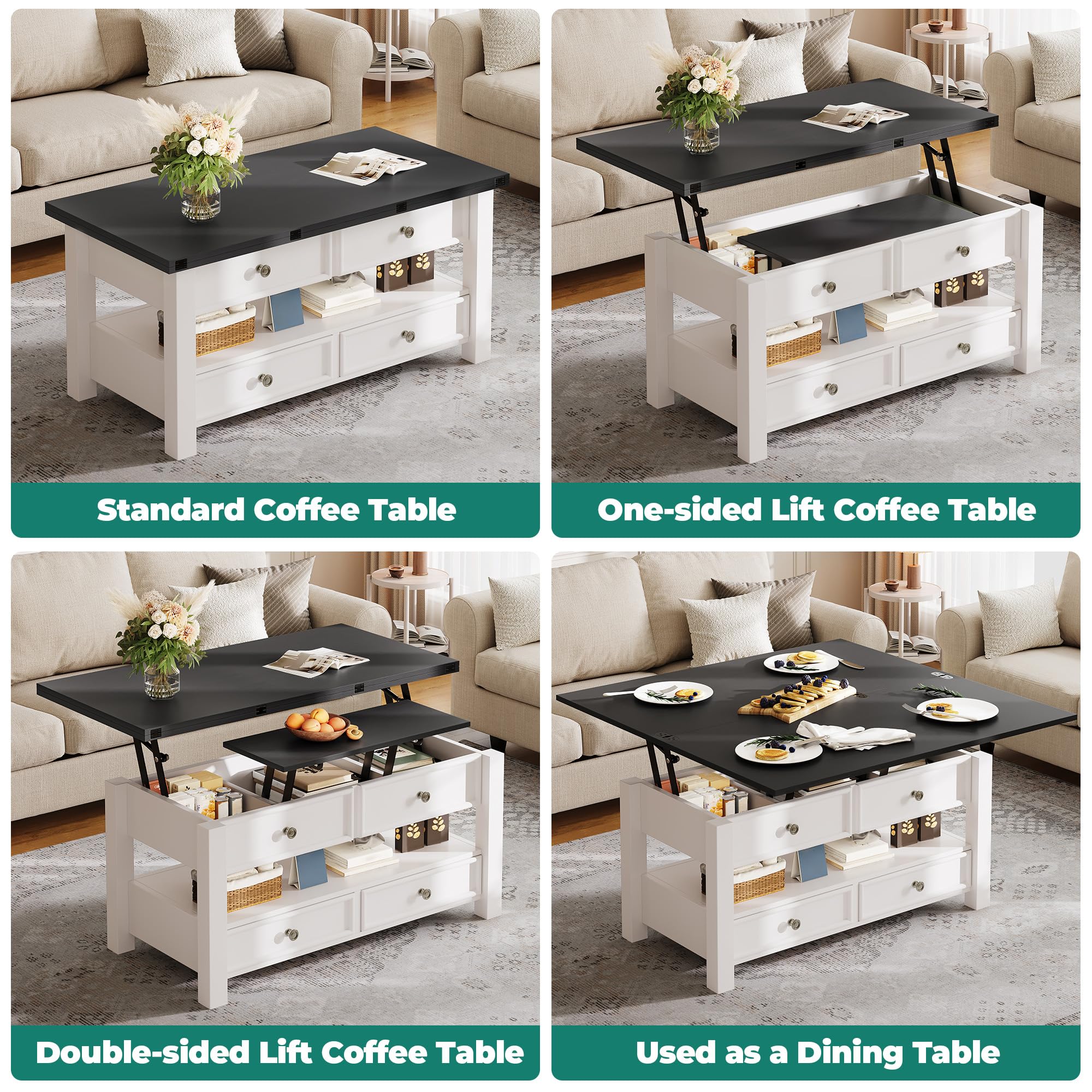 YITAHOME Coffee Table Lift Top, 4 in 1 Multi-Function Convertible Coffee Table with Drawers and Hidden Compartment, Converts to Dining Table for Living Room Home Office, Black Top