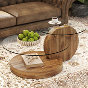Round Glass Coffee Table with Wood Base & 3-Tier Storage