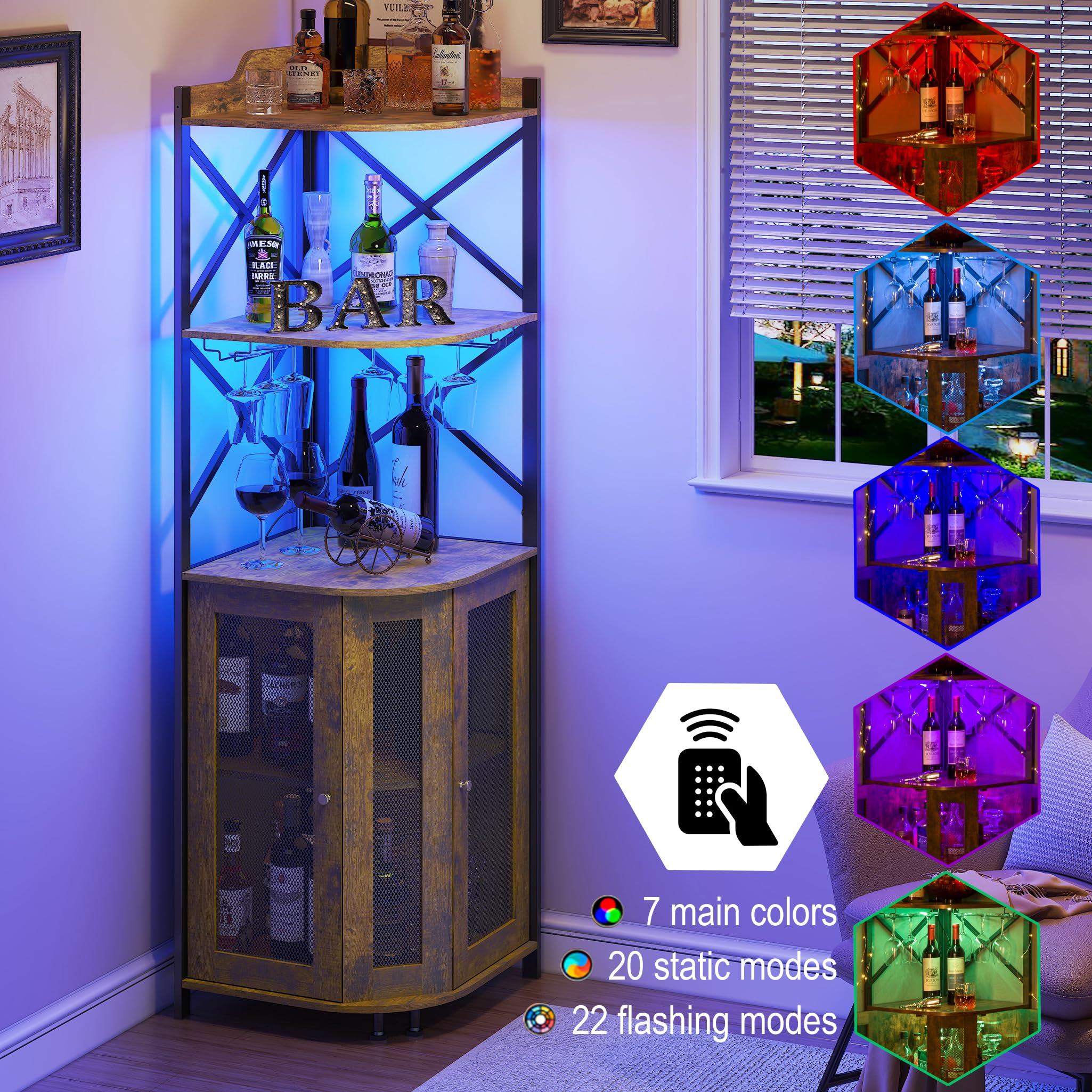 5-Tier Corner Bar Cabinet with LED Lights & Glass Holder