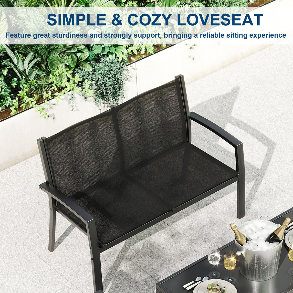 Garvee 4 Piece Patio Bistro Furniture Set, Outdoor Conversation Set with 3 Chairs, Loveseat & Glass Coffee Table, All-Weather Textilene Fabric & Steel Frame for Backyard, Poolside, Porch, Lawn - Black