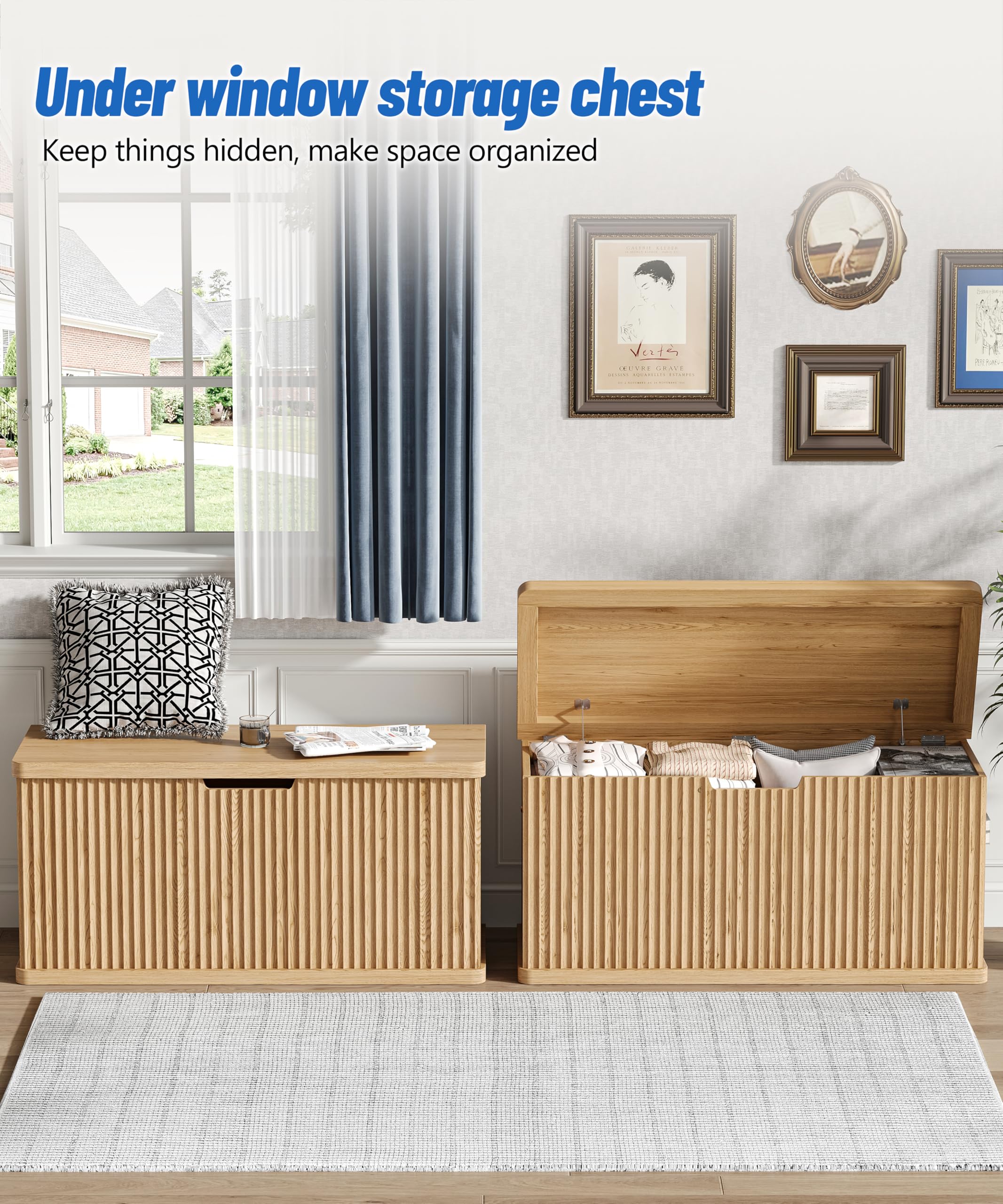 Akxomel Fluted Storage Chest with 2 Safety Hinges, 37.4" Wooden Storage Trunk, Natural Entryway Bench, for Living Room, Bedroom, Curved Profile, Easy Assembly, Natural Oak