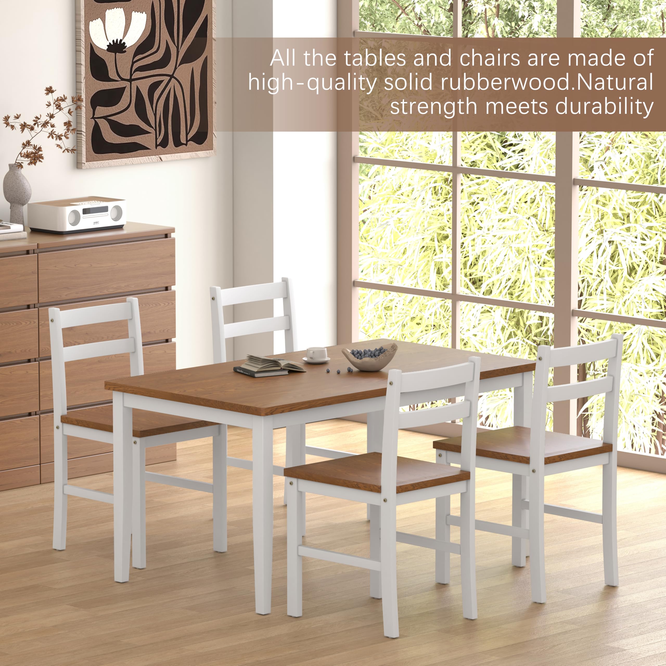 5-Piece Solid Wood Dining Table Set with 4 Chairs