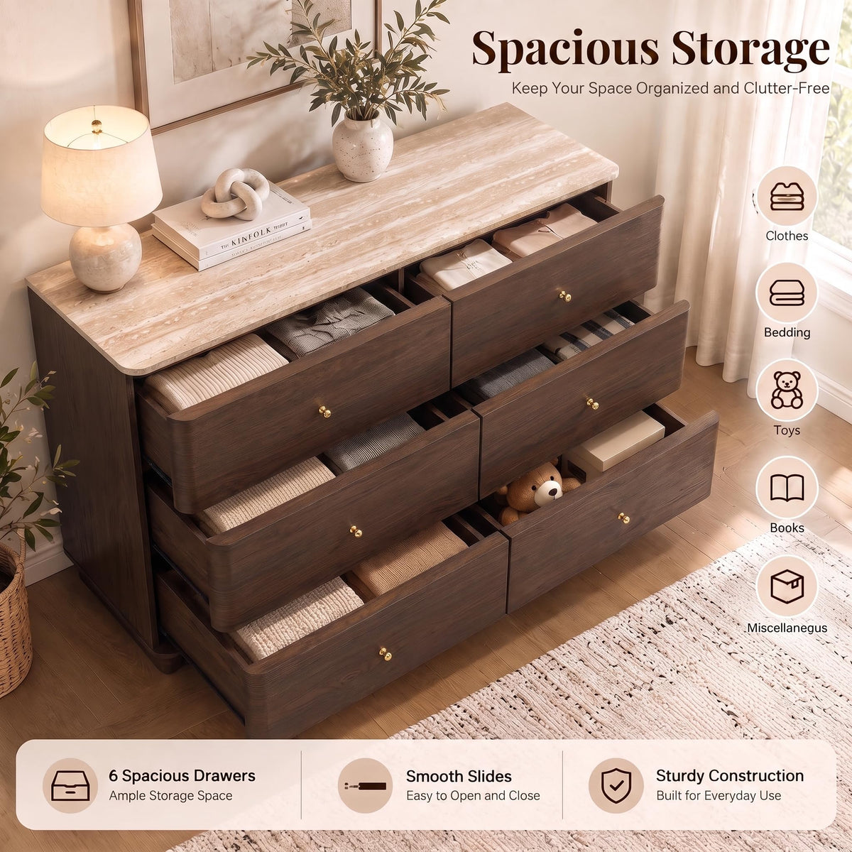 Brafab 47.5" Curved Chest of Drawers, 6 Drawer Dresser Travertine-Inspired