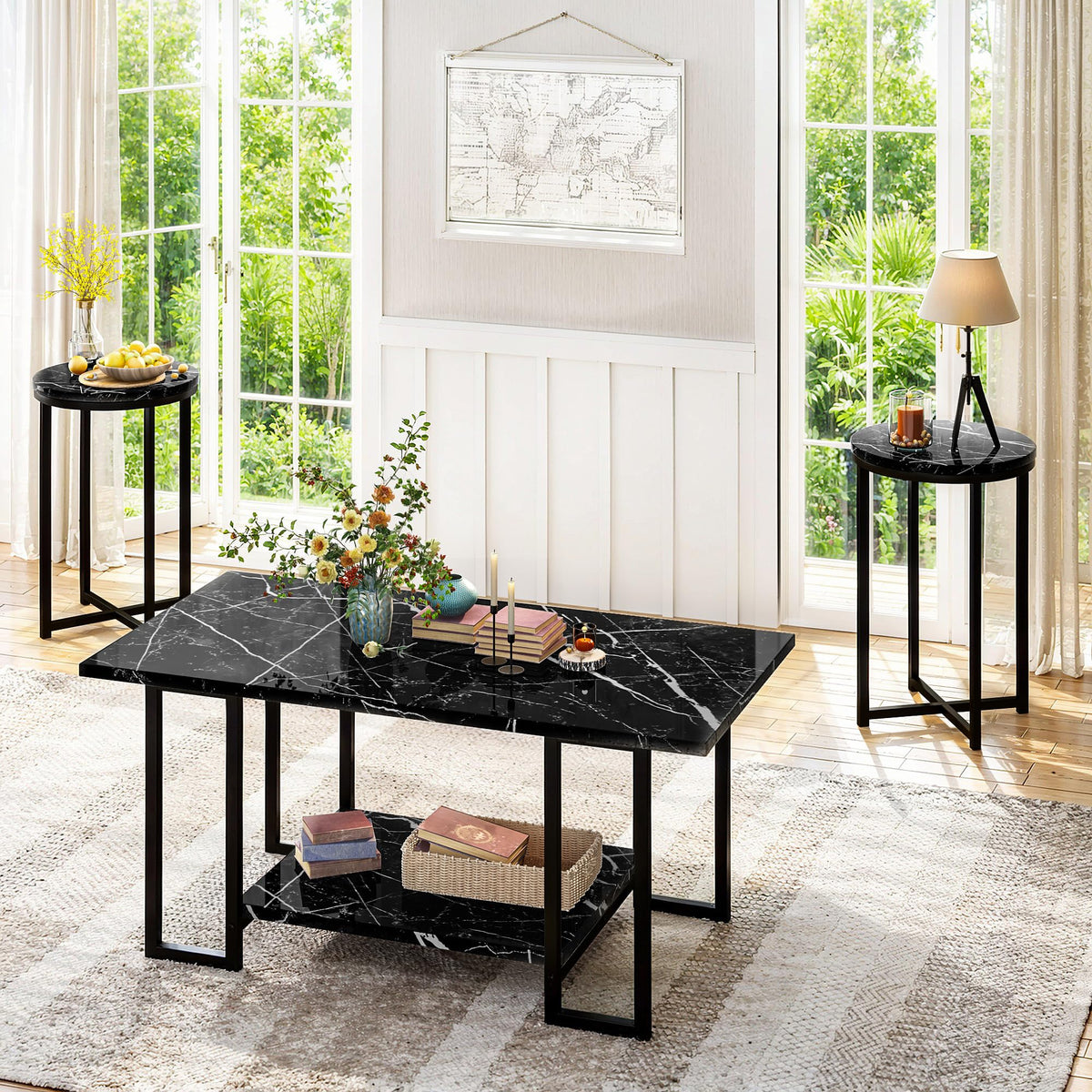 AWQM Coffee Table Set of 3, Faux Marble Living Room Table Set, Black
