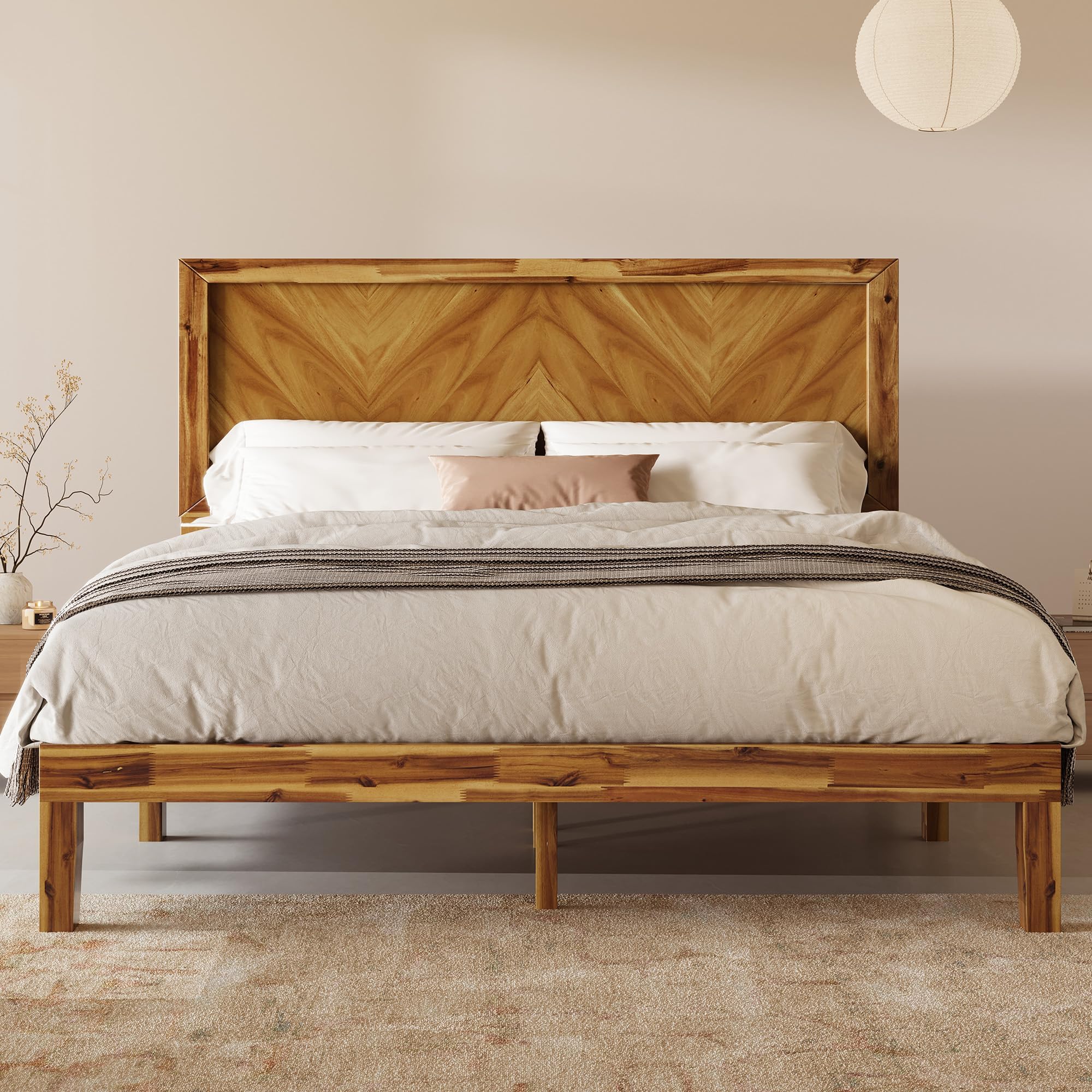 Jocisland Mid-Century Solid Wood Full Size Bed Frame with Heart-Shaped Headboard, Modern Wooden Platform Bed with Slat Support, Acacia Wood, Noise-Free, No Box Spring Needed, Easy Assembly, Brown
