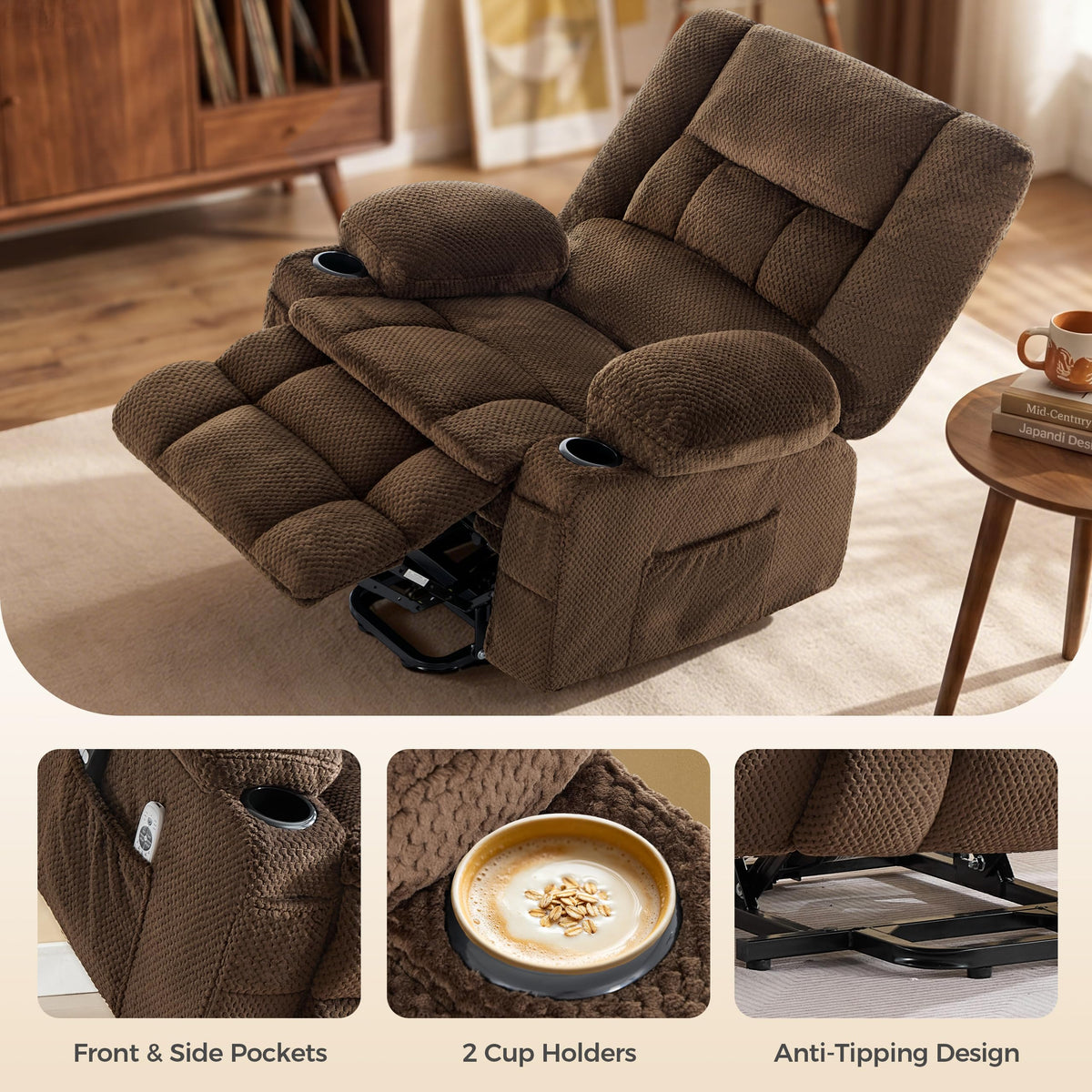 Power Lift Recliner Chair for Elderly, Electric Reclining Lift Chair with Massage and Heating, Comfy Overstuffed Recliner Single Sofa with Cup Holders, Pockets, USB Charge Port for Living Room,Brown
