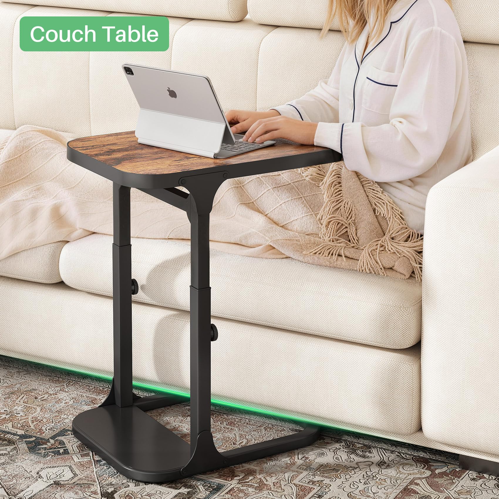 Kitstorack Ultra Stable & Durable End Table, Ajustable Height C Shaped Side Table for Couch, Sofa Side Table with Thickened Metal Frame for Living Room, Bedroom, Rustic