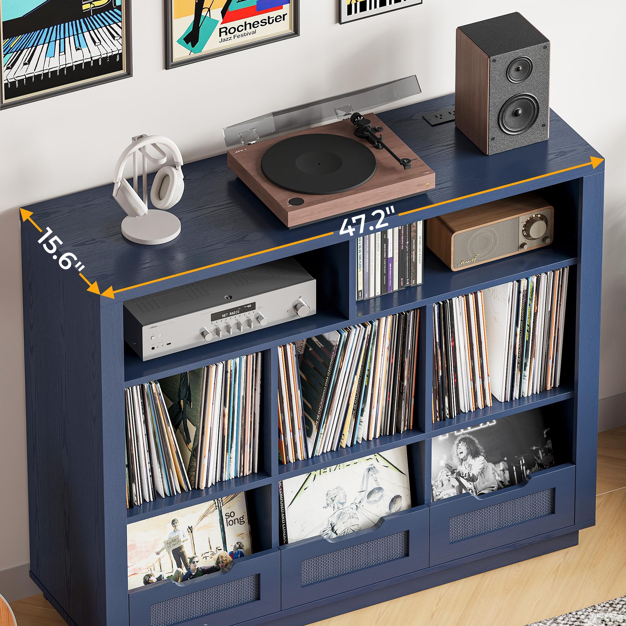 3-Tier Record Player Stand with Charging Station
