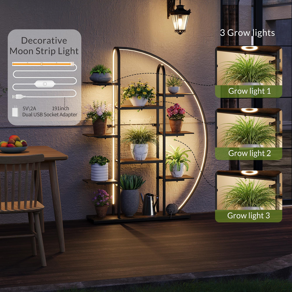 Sttoraboks 61” 9-Tier Moon-Shaped Plant Stand with LED & Grow Lights