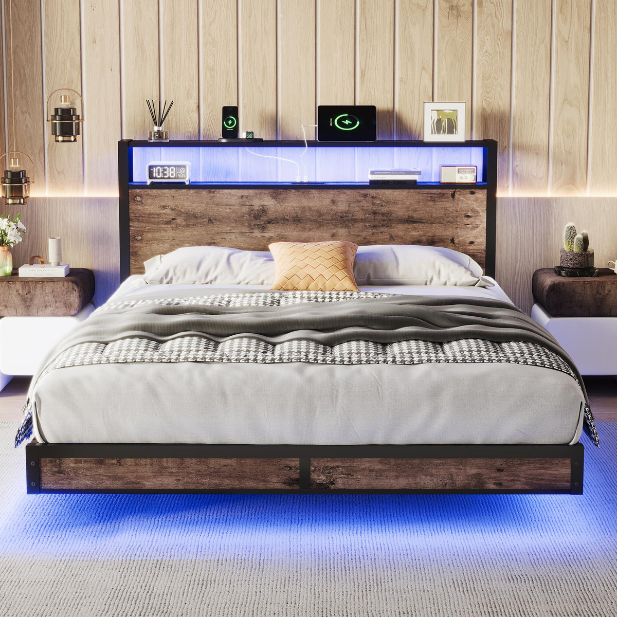 Susalt Full Size Bed Frame with Storage Headboard, Sturdy Metal Platform Bed Frame with LED Lights and Charging Station, Easy Assembly, No Box Spring Needed, Noise Free, Rustic Brown