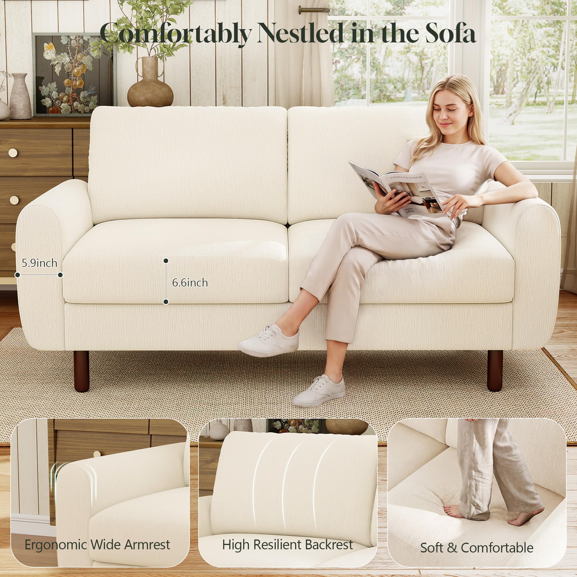 WorthFurni 68" Loveseat Sofa, Comfy Chenille Fabric Couches for Living Room with Spring Cushion and Solid Wood Frame, Modern Deep Seat Couch for Bedroom, Apartment, Office, Easy Assembly, Beige