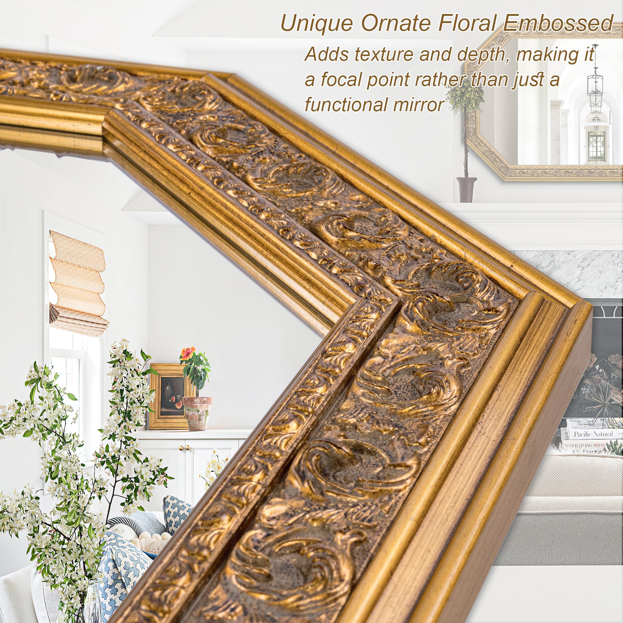 Octagonal Gold Wall Mirror with Carved Wood Frame