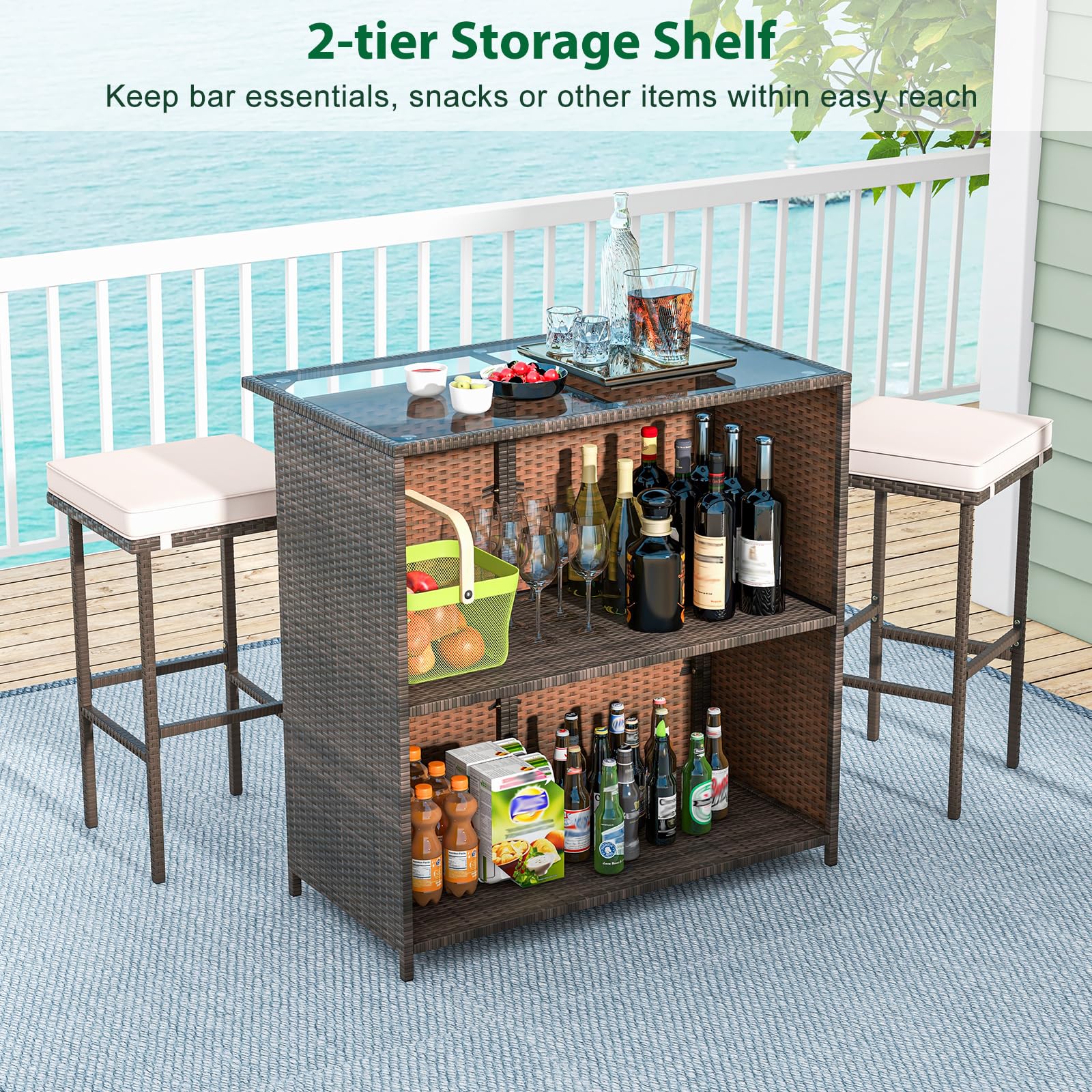 HAPPYGRILL 3 Pieces Patio Bar Set PE Wicker Outdoor Bar Table and Stools Set with Removable Cushions, Tempered Glass Tabletop and Storage Shelves for Porch, Backyard, Garden and Poolside