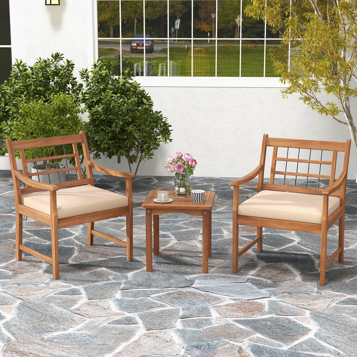 Tangkula 3 Piece Wood Patio Furniture Set, Outdoor Bistro Set w/Soft Seat Cushions, Solid Acacia Wood Frame, 2 Armchairs & Coffee Table Set for Backyard, Porch, Poolside (Off White)