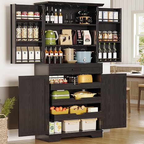 Farmhouse Pantry Cabinet with Sliding Racks & Door Shelves