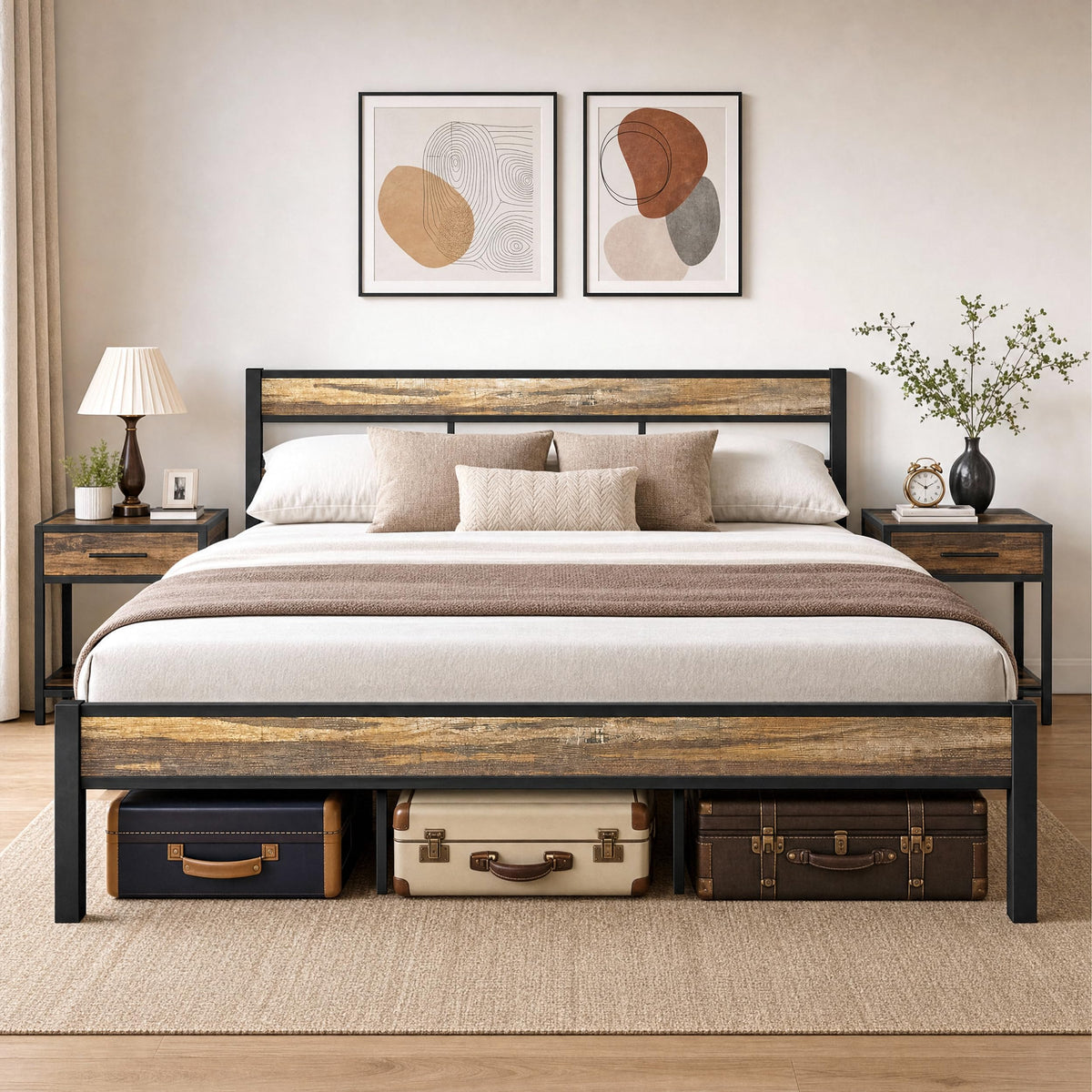 LIKIMIO California King Bed Frame wtih Headboard, Rustic Brown