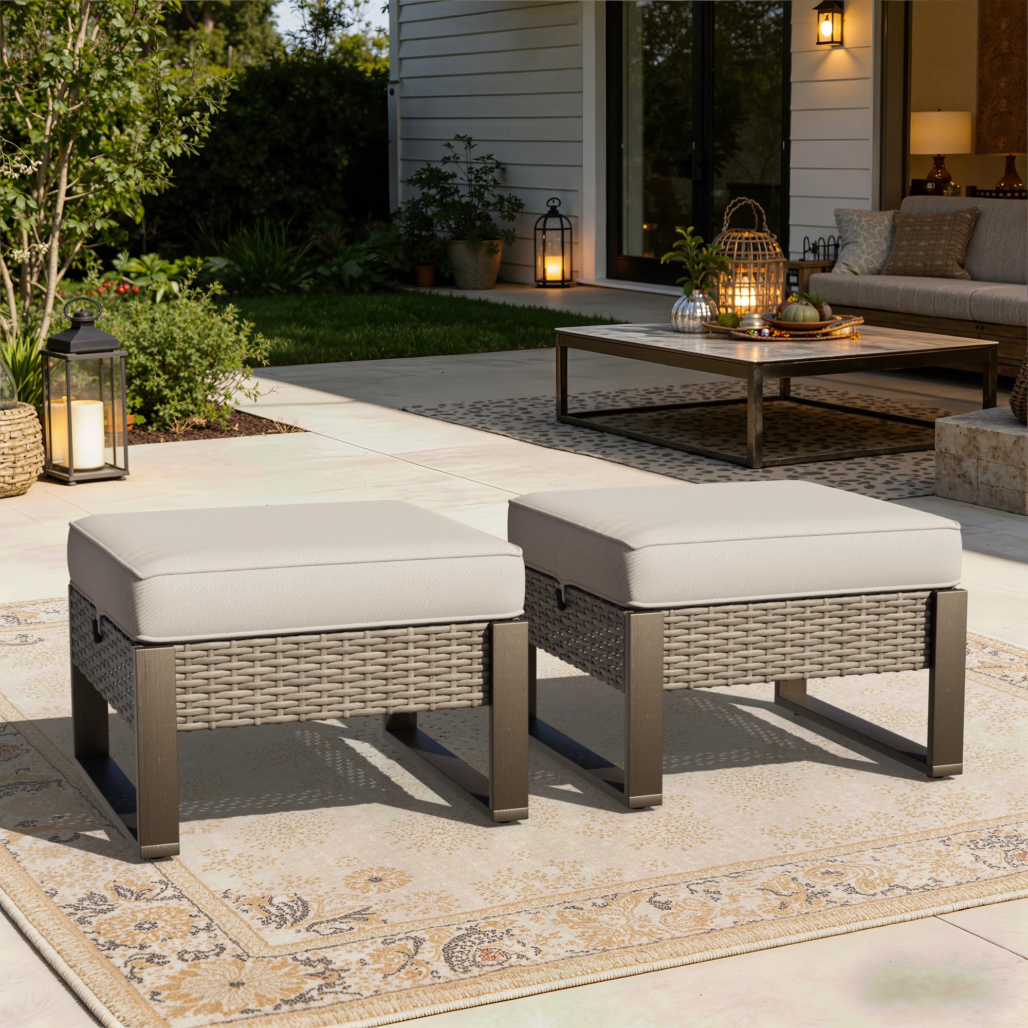 PE Rattan Outdoor Ottoman with Cushion – Beige