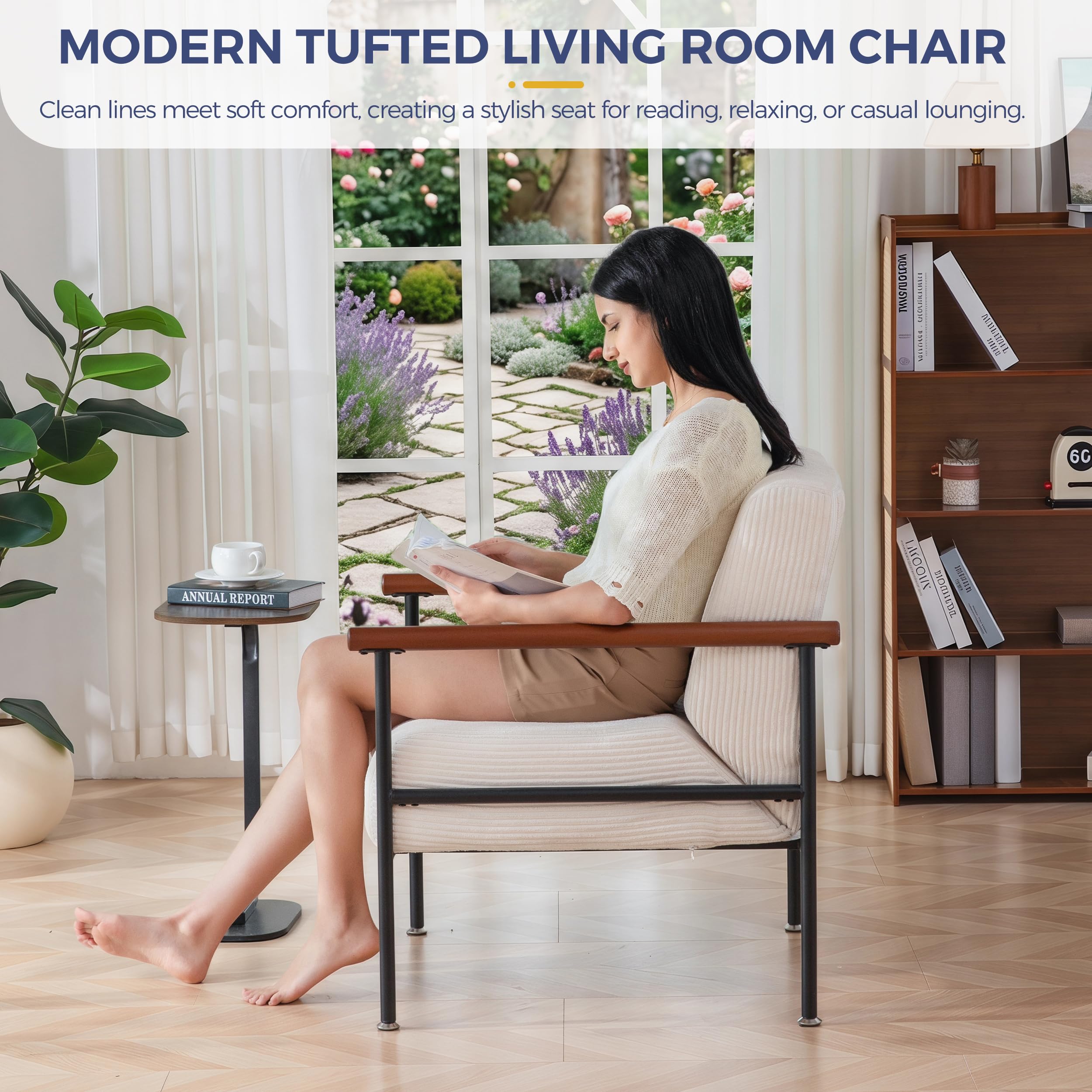 MAXYOYO Living Room Accent Chair, Modern Chair with Sturdy Metal Frame & Wood Armrests, Upholstered Reading Chair with Upholstered Cushion for Bedroom Balcony Porch, Beige