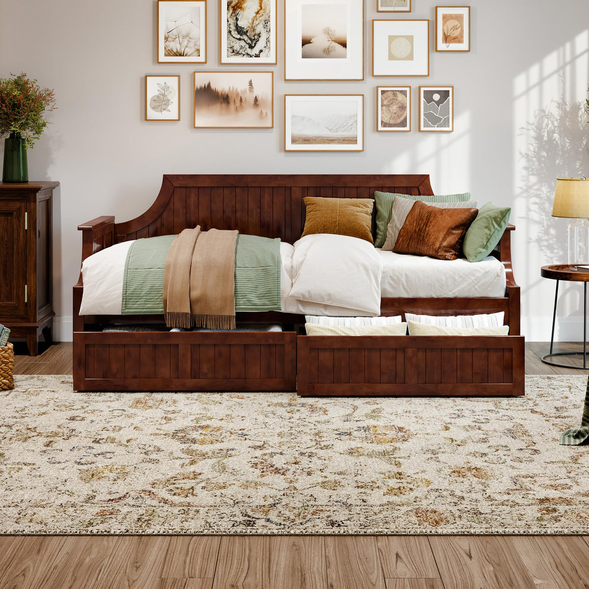 AFI, Cambridge Twin Wood Daybed with 2 Storage Drawers, Walnut