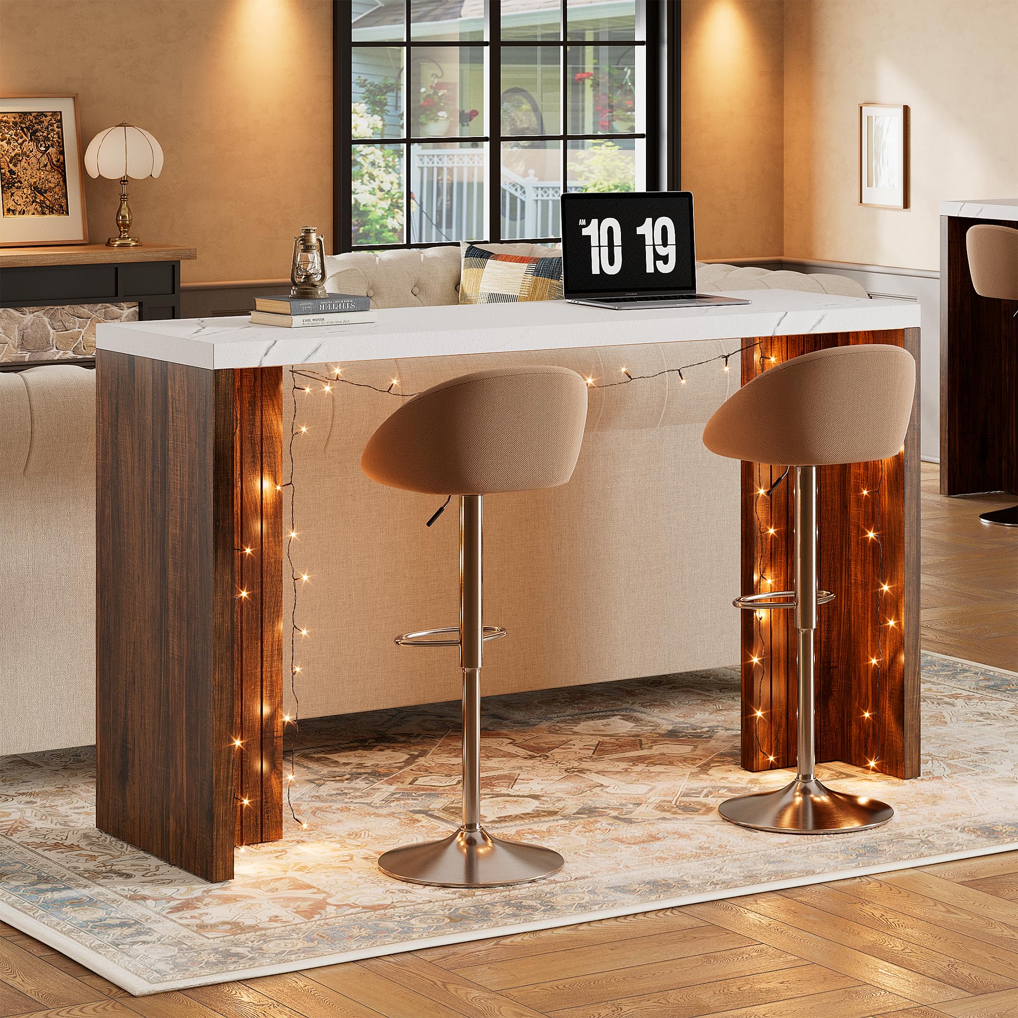 Bar Table for 4-6 People - 55” Long Counter Height Pub with Extra Thickened Tabletop, Modern Rectangular Home Bar Coffee Unit for Kitchen, Dining Room, Balcony, Living Room, Basement, White+Walnut