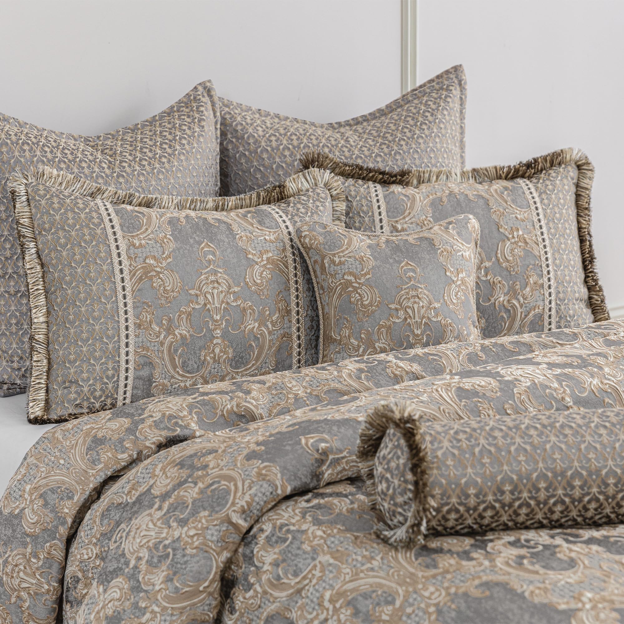 9-Piece Jacquard Comforter Set – Damask, Gray & Beige Brown