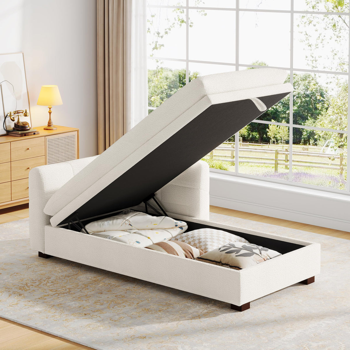White Boucle Storage Chaise Lounge