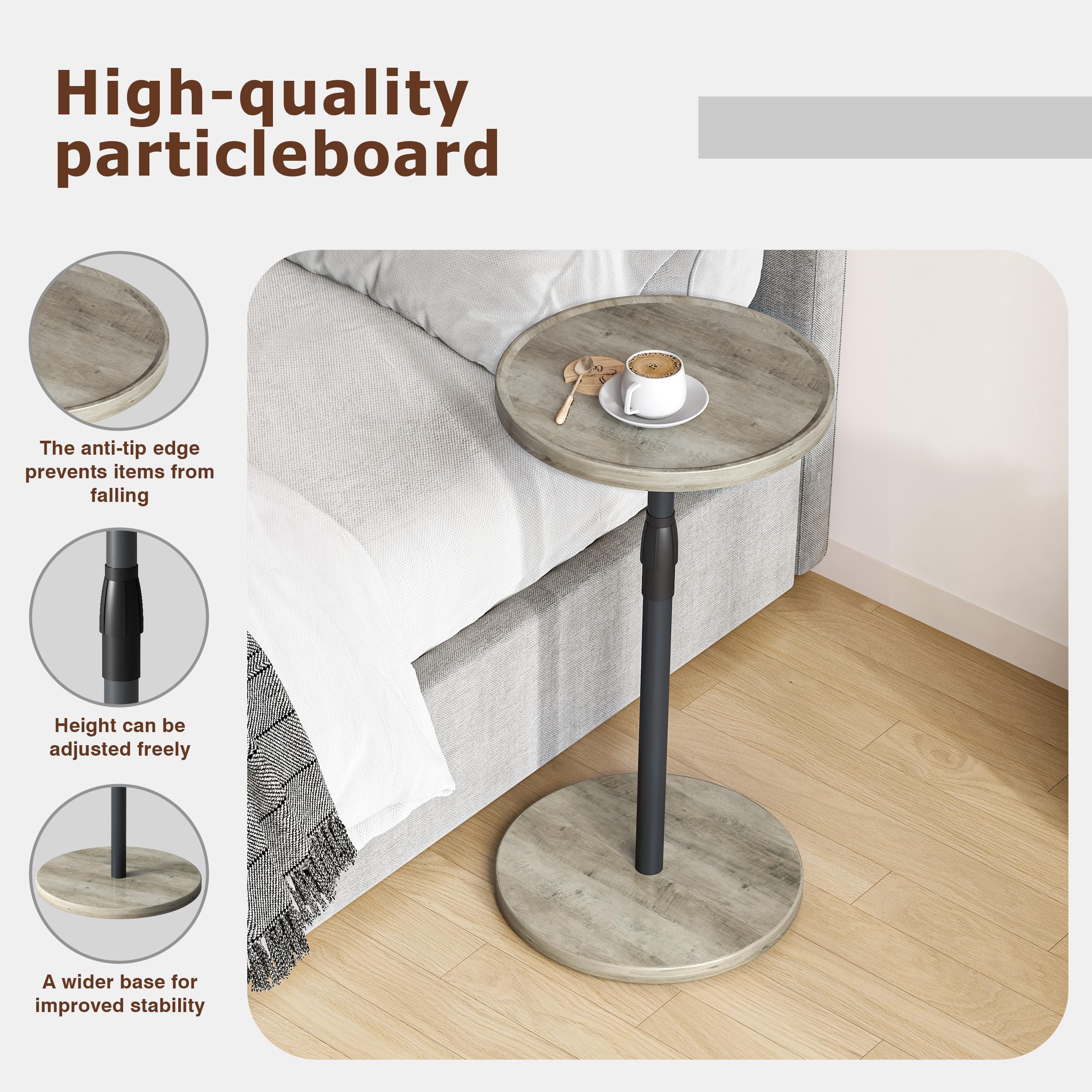 IRCPEN Adjustable Round Side Table, Small End Table, Pedestal Drink Table for Small Spaces, Tall Round Nightstand for Living Room Bedroom Sofa Couch, Oak ET-010QK