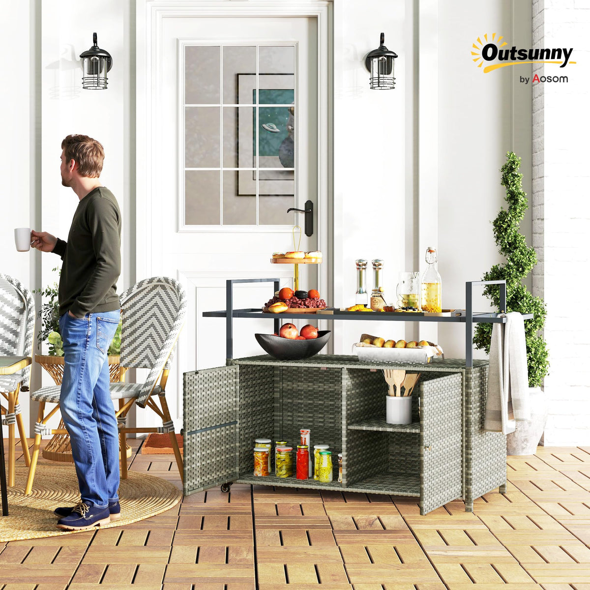 Outsunny PE Rattan Outdoor Storage Cabinet Bar Cart, Wheels, Mixed Gray