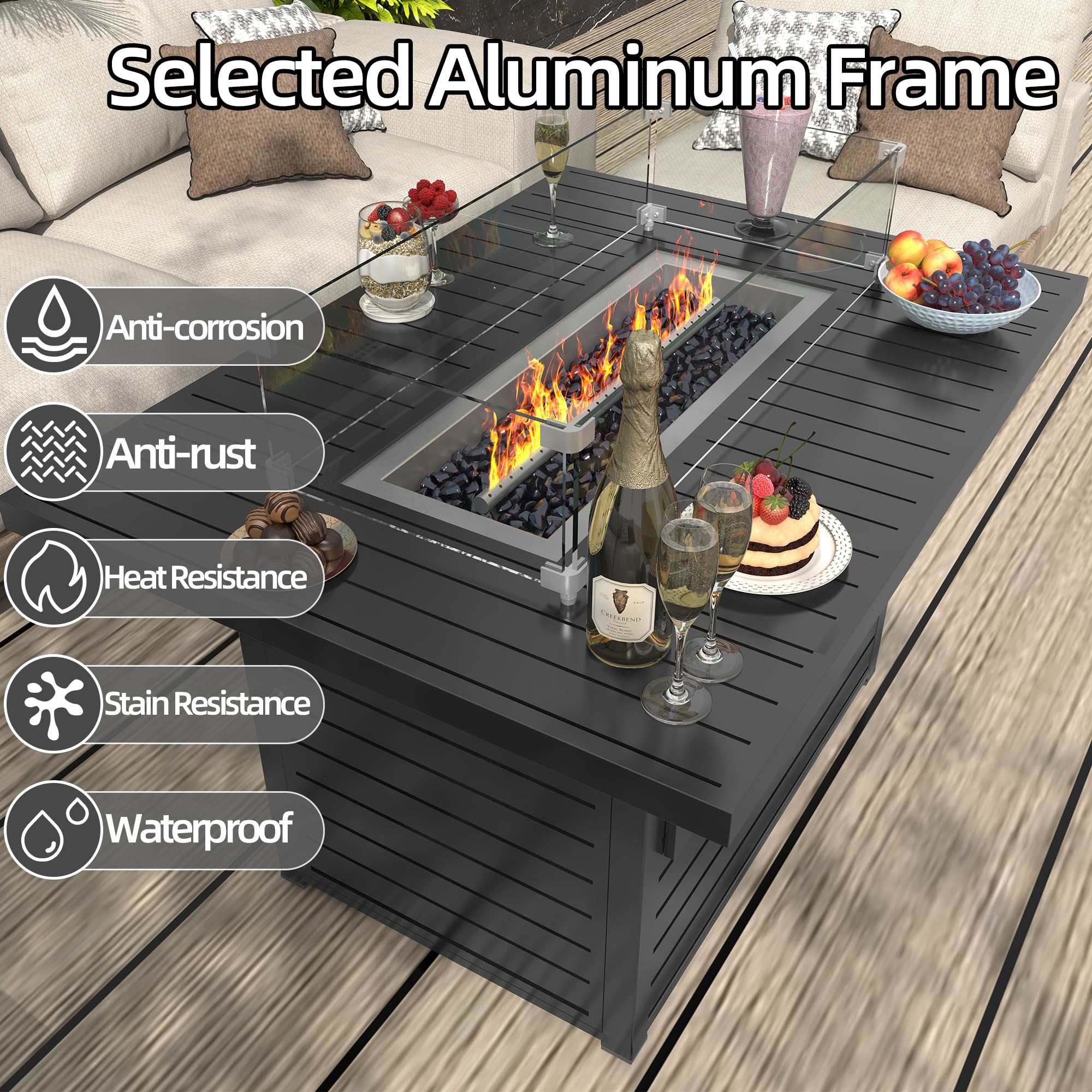 43.3" Propane Fire Pit Table with Lid & Wind Guard