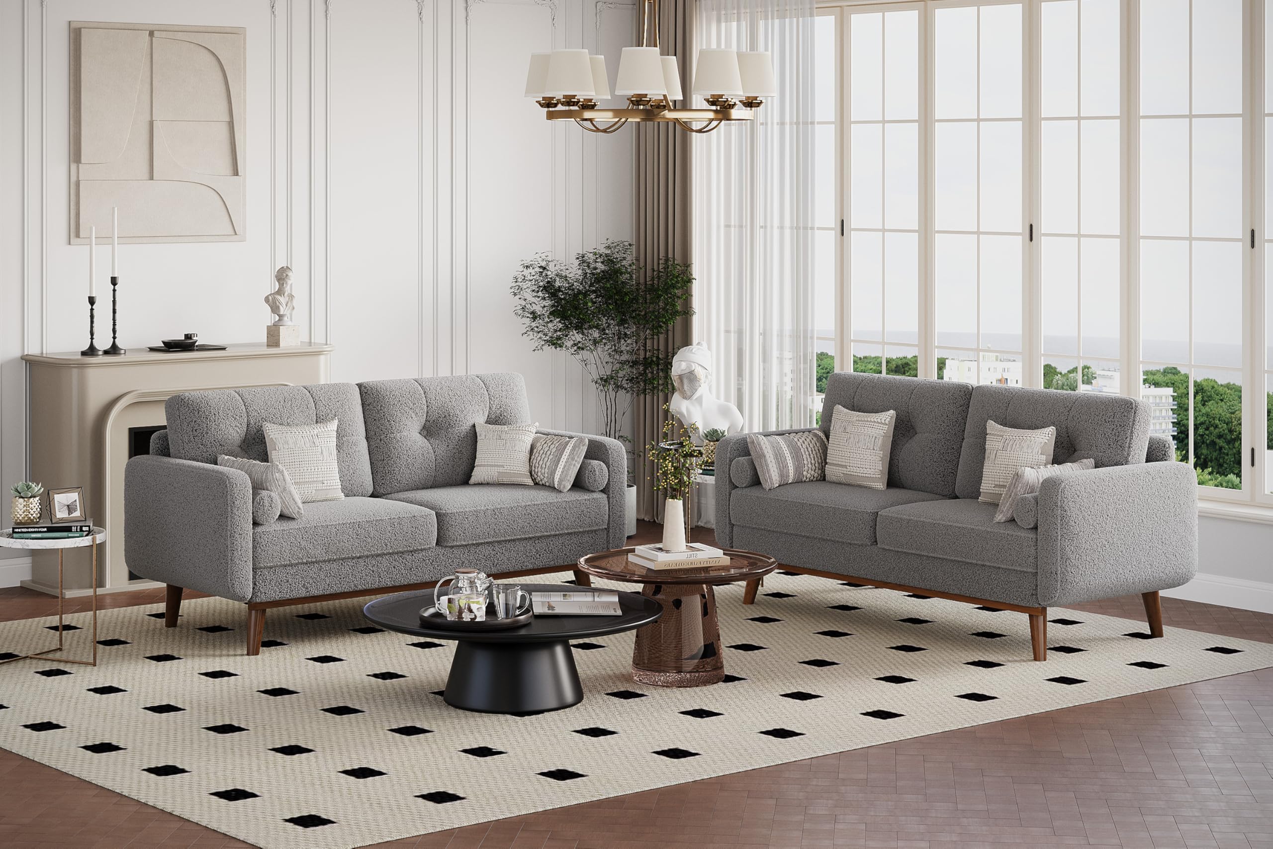 IDEALHOUSE 65" Mid Century Modern Couch Sofa Loveseat, Comfy Love Seat Couches for Living Room, 2 Seater Teddy Fleece Boucle Upholstered Deep Seat Couch for Bedroom Office Small Space, Gray