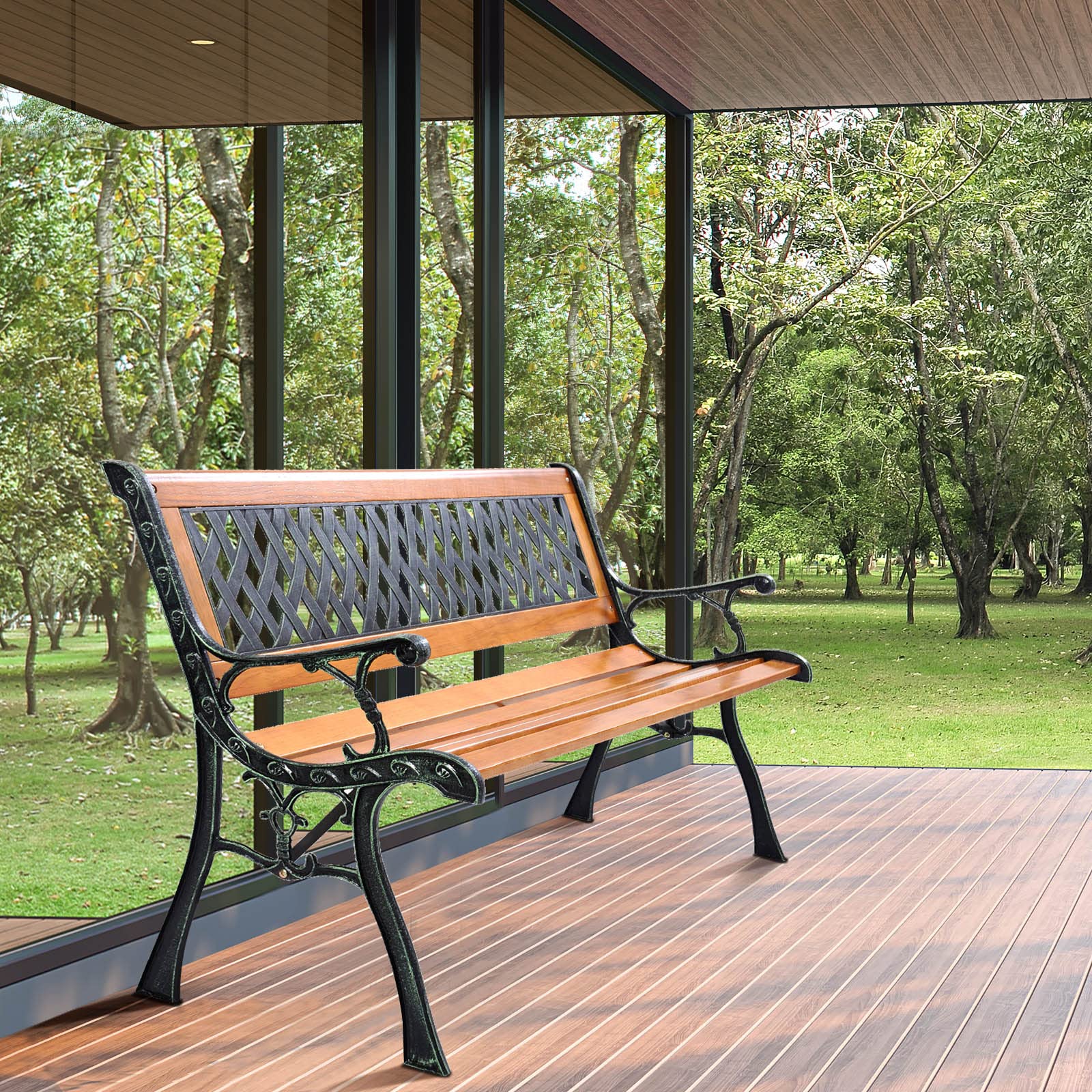 S AFSTAR Garden Bench, Pine Park Bench Porch Bench with Diamond Weaving Backrest, 470 LBS Bearing Capacity, Weatherproof Outdoor Wood Bench for Backyard Deck Lawn Poolside