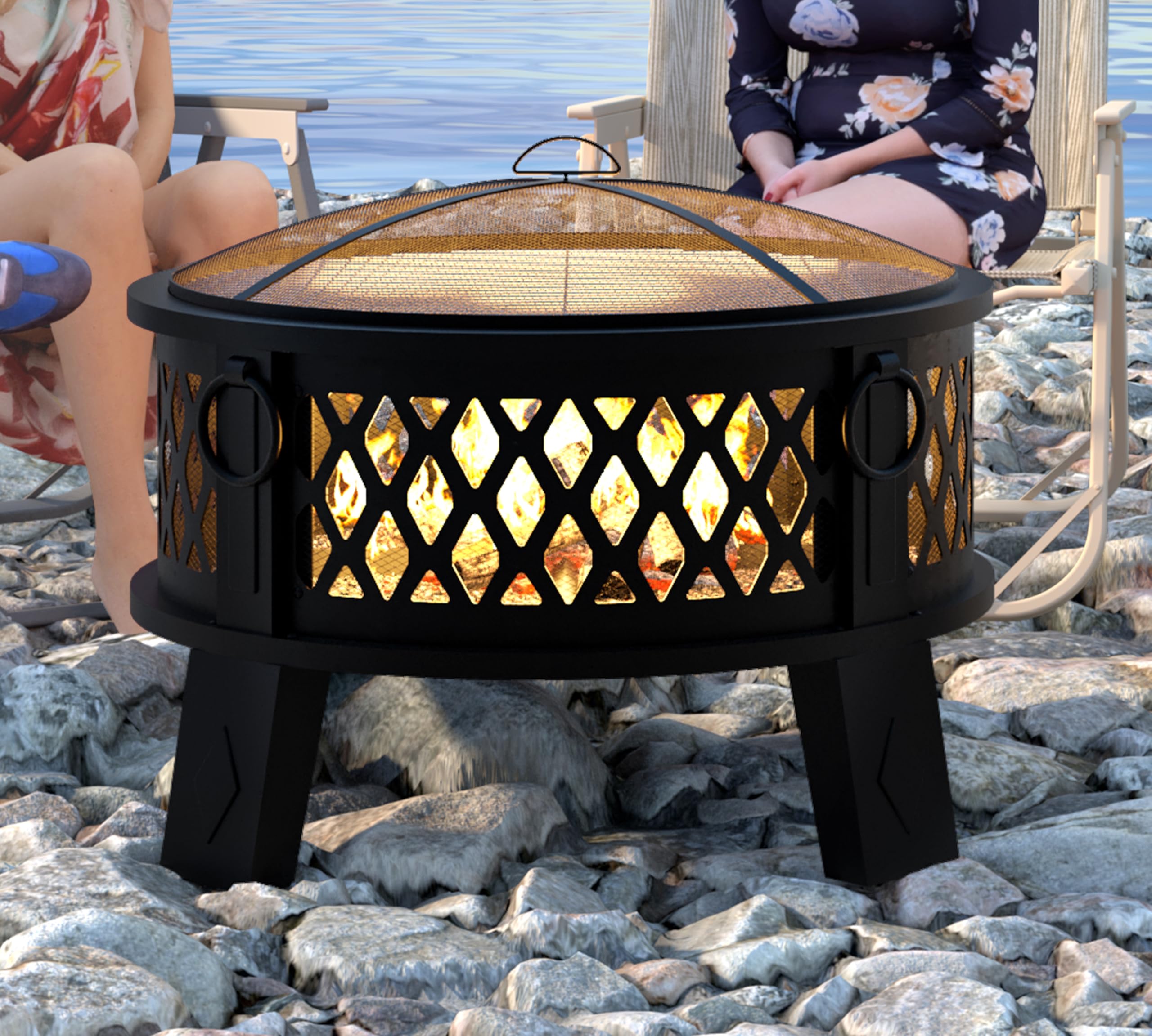 26" Round Steel Fire Pit with Grill & Diamond Mesh