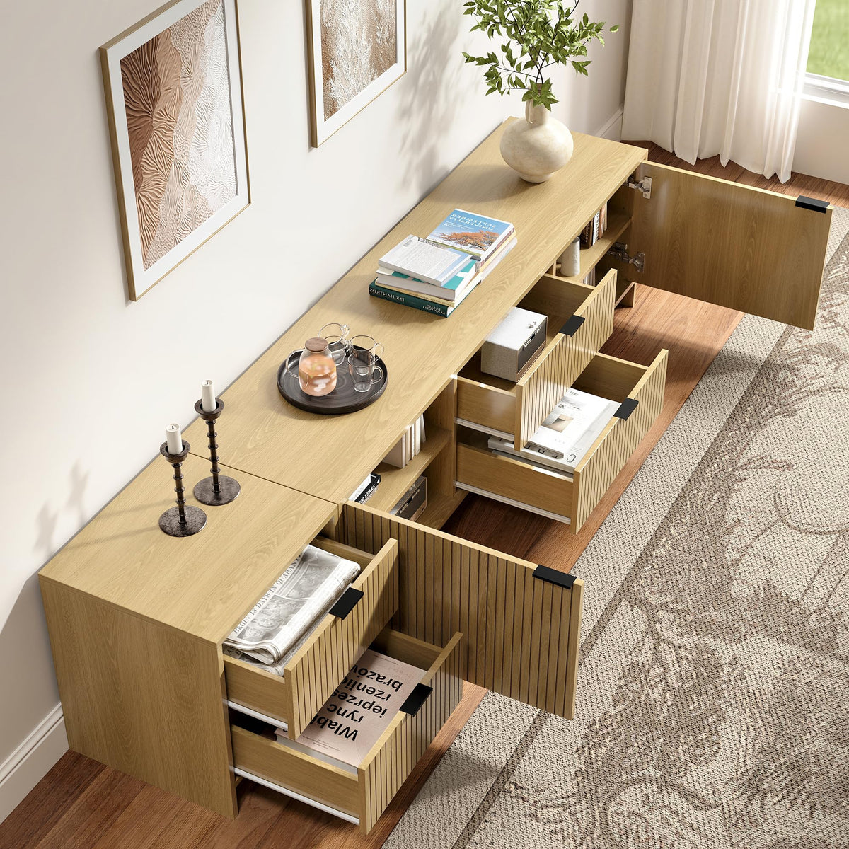 BVIUNTWO Fluted TV Stand for TVs up to 85",Modern TV Console with 4 Drawers,Wood Entertainment Center with Adjustable Shelves & Storage Cabinets for Living Room,Natural Oak