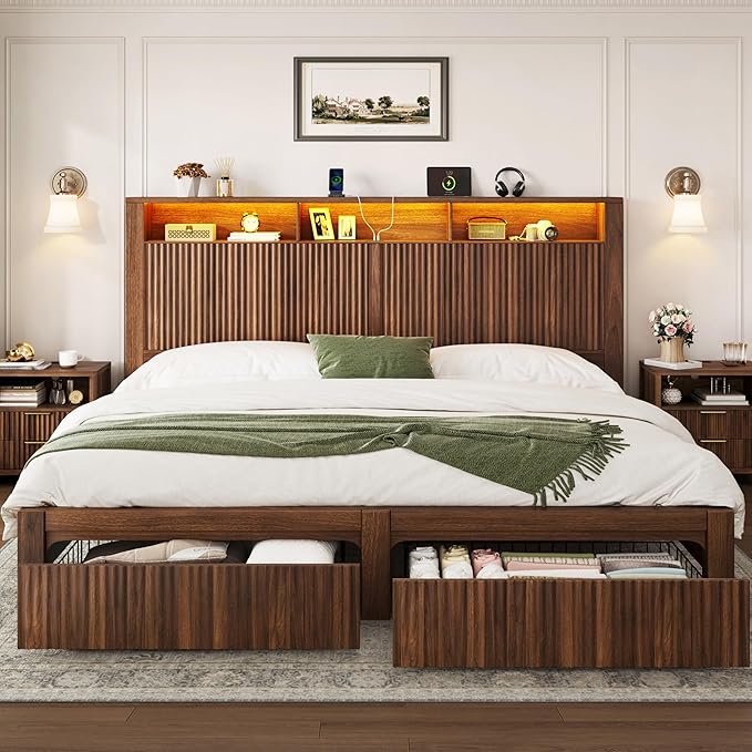 King Size Bed Frame with Storage Drawers, LED Lights & Charging Port