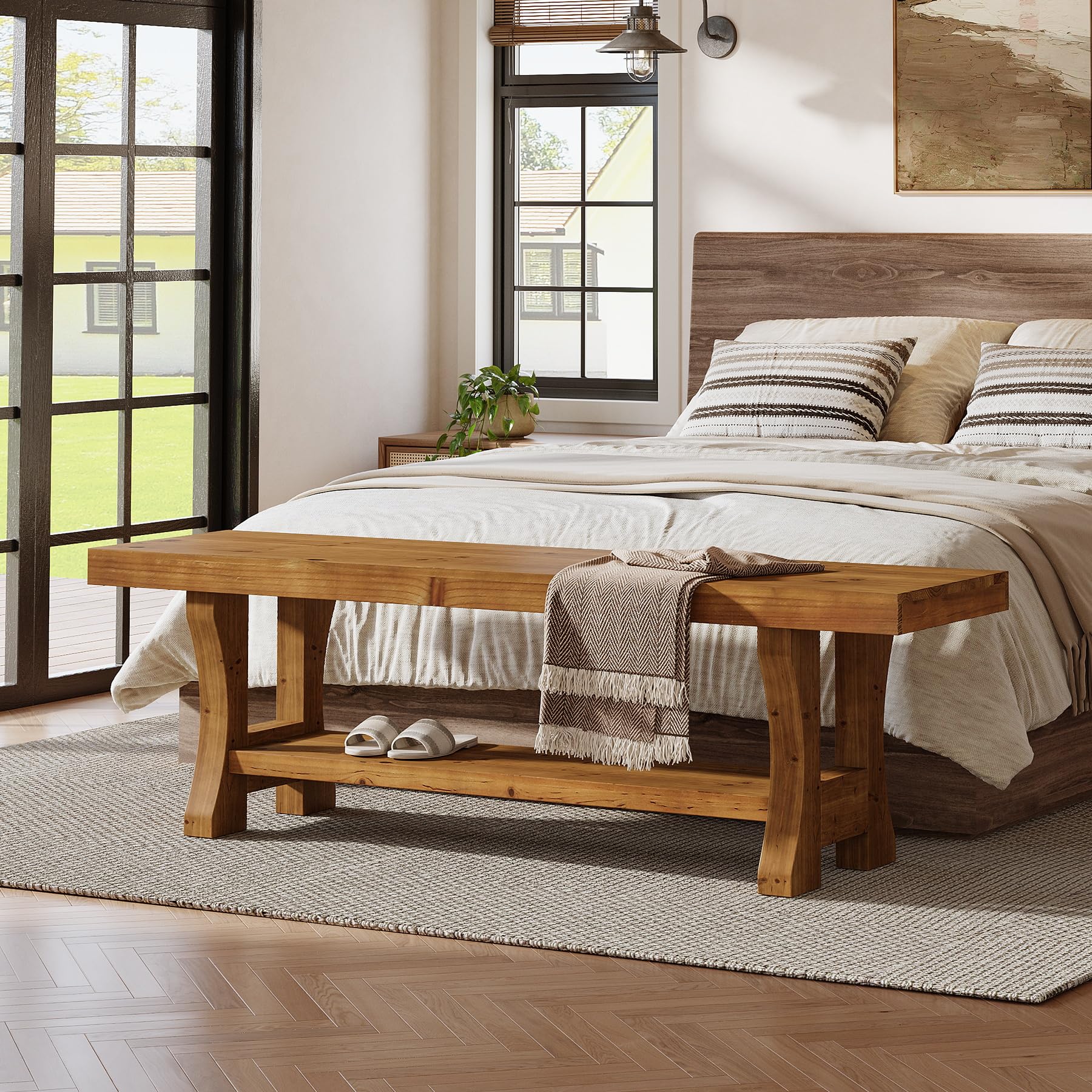 TRIBEWOOD Solid Wood Entryway Bench, 55" End of Bed Bench, Long Indoor Dining Seat for Hallway, Bedroom, Living Room, Dining Room, Easy Assembly, Brown
