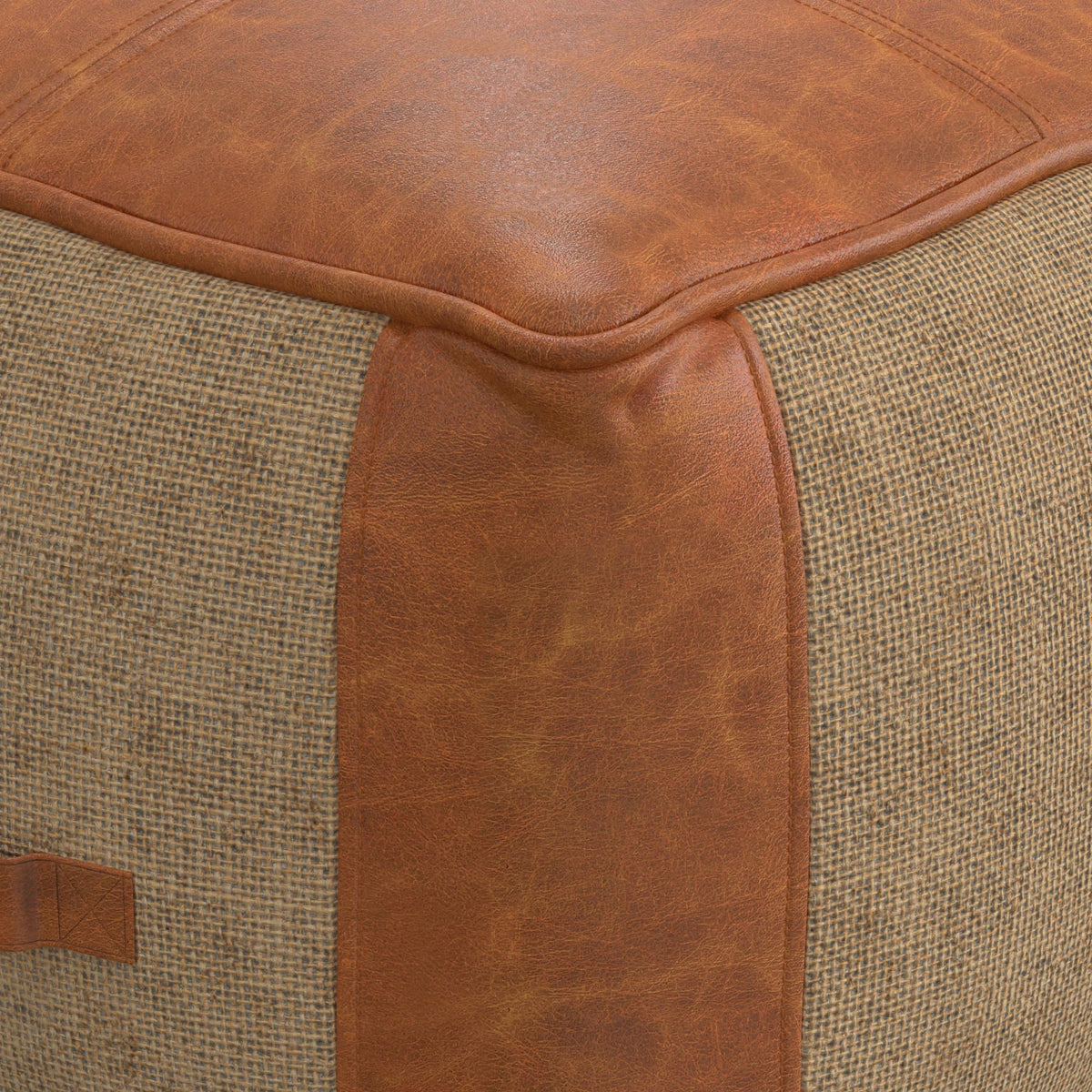 Tan Leather and Jute Pouf