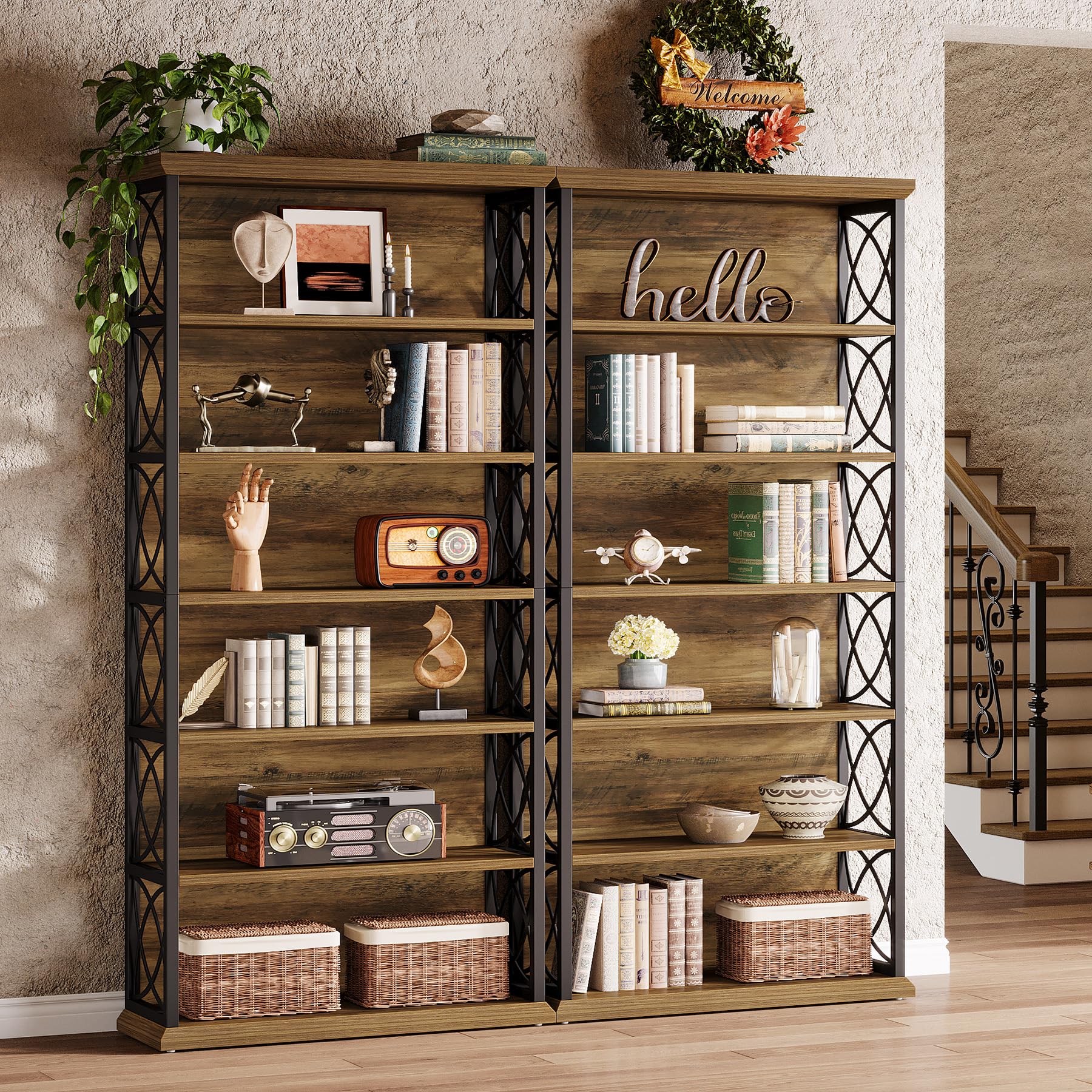 6-Tier Industrial Bookcase with Open Shelves