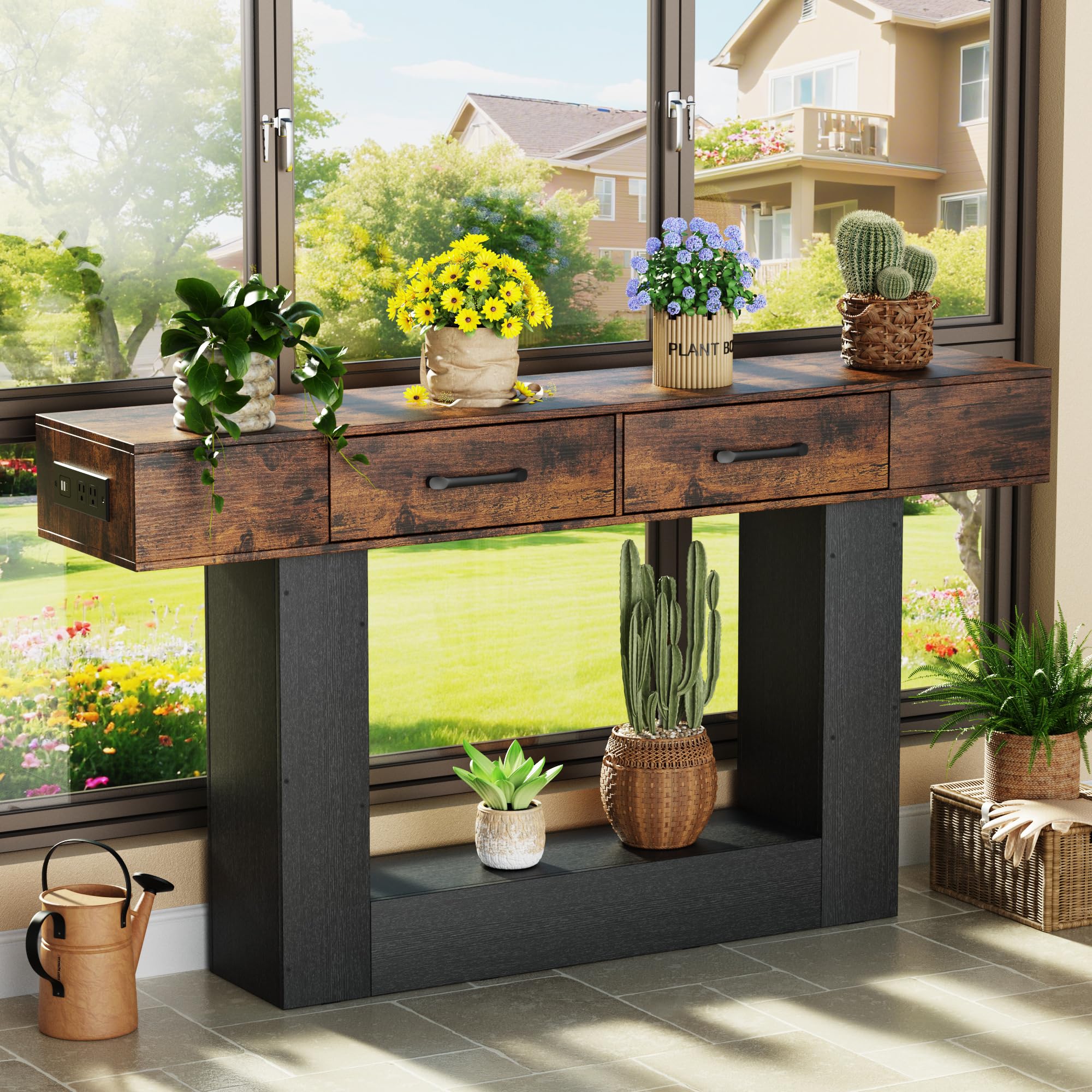 63" Long Console Table with LED Lights & Charging Station,2-Tier Entryway Table with Drawers and Open Storage Shelf for Entry Way,Farmhouse Sofa Table with Heavy Duty Base for Hallway, Foyer(Brown)