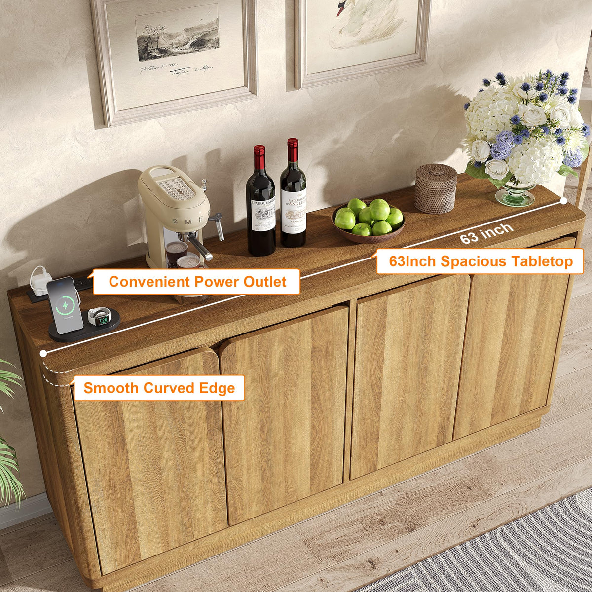 knoworld 63" Buffet Cabinet with Storage & Power Outlet, Wood Sideboard Credenza with Double-Arc Doors, Modern Coffee Bar Console Table for Kitchen Dining Room, Natural