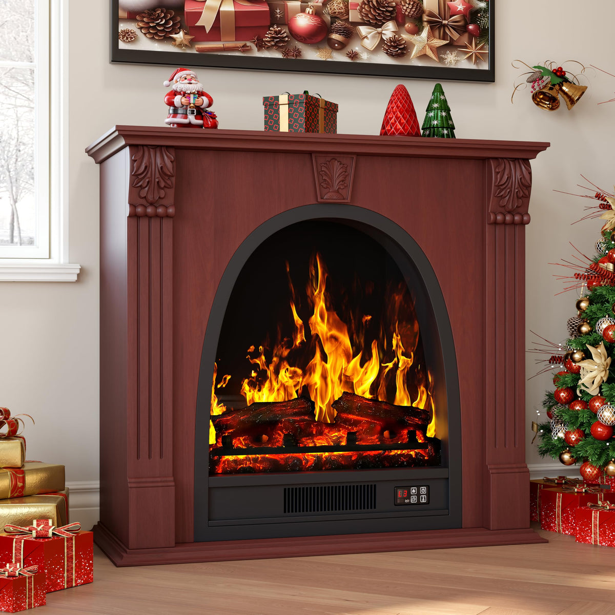 RECHHX Electric Fireplace with Mantel, Walnut Egg-Shaped Fireplace TV Stand