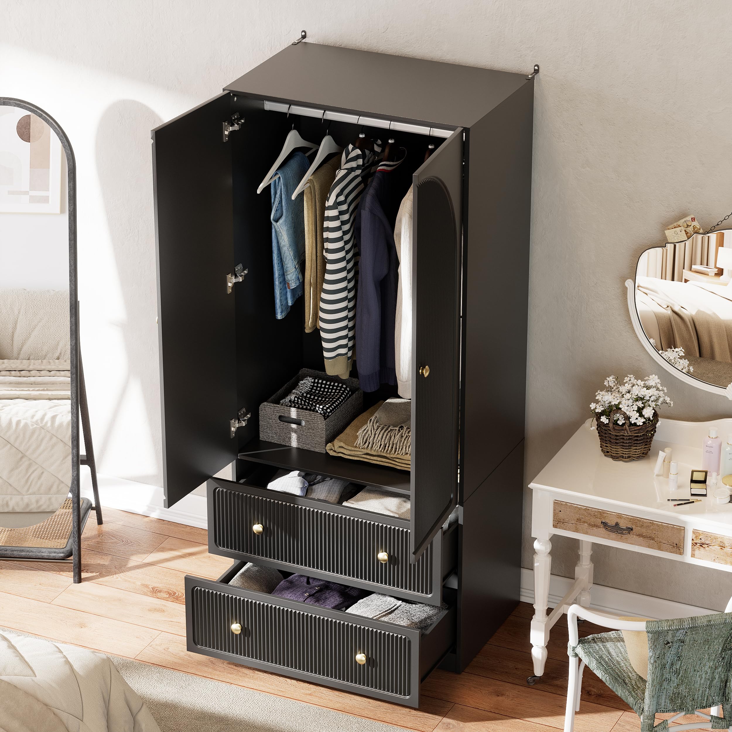 2-Door Wardrobe with Drawers & Hanging Rod