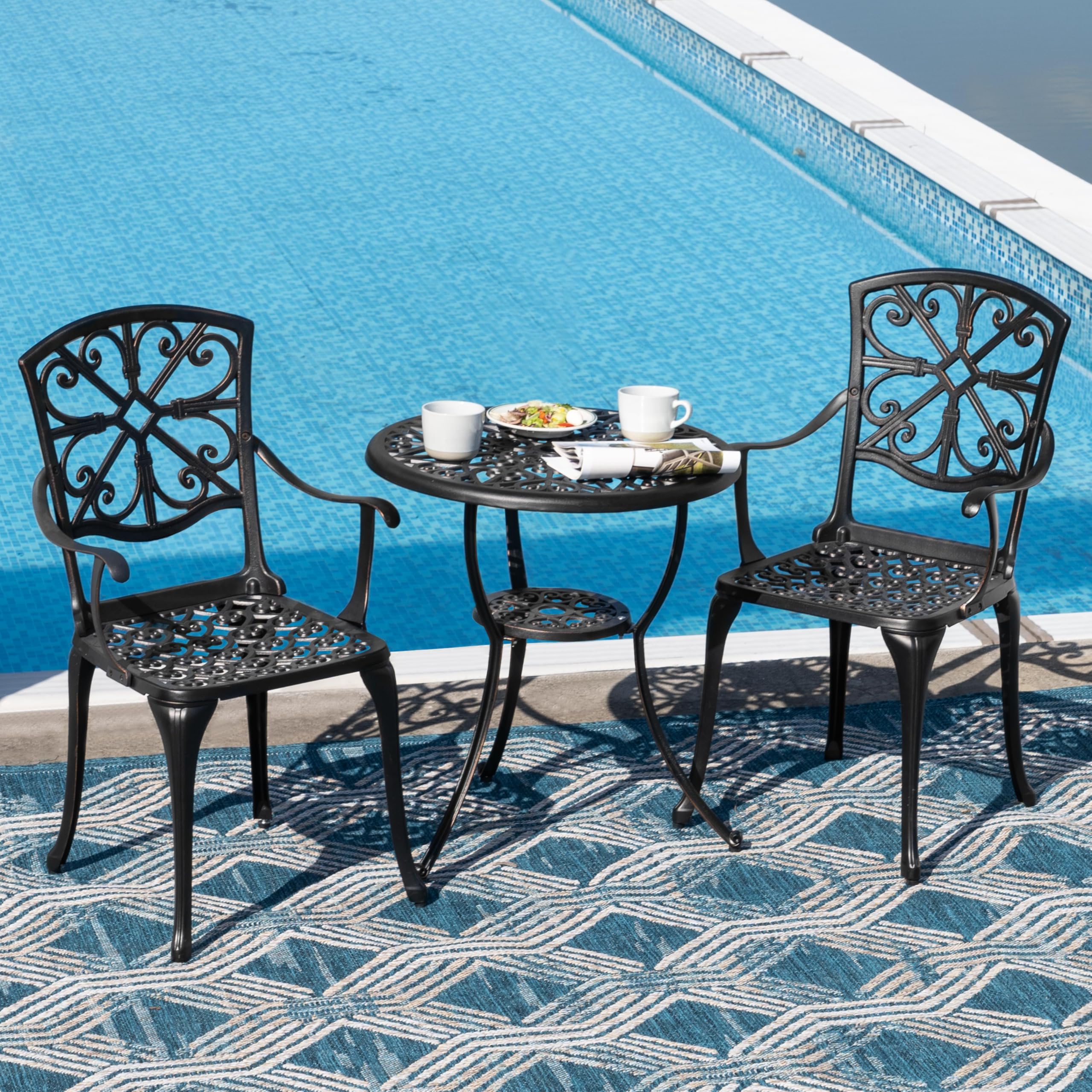 NUU GARDEN 3 Piece Outdoor Bistro Set Cast Aluminum Patio Set Bistro Table Set Rustproof Patio Table and Chairs with Umbrella Hole for Backyard, Balcony, Front Porch, Black