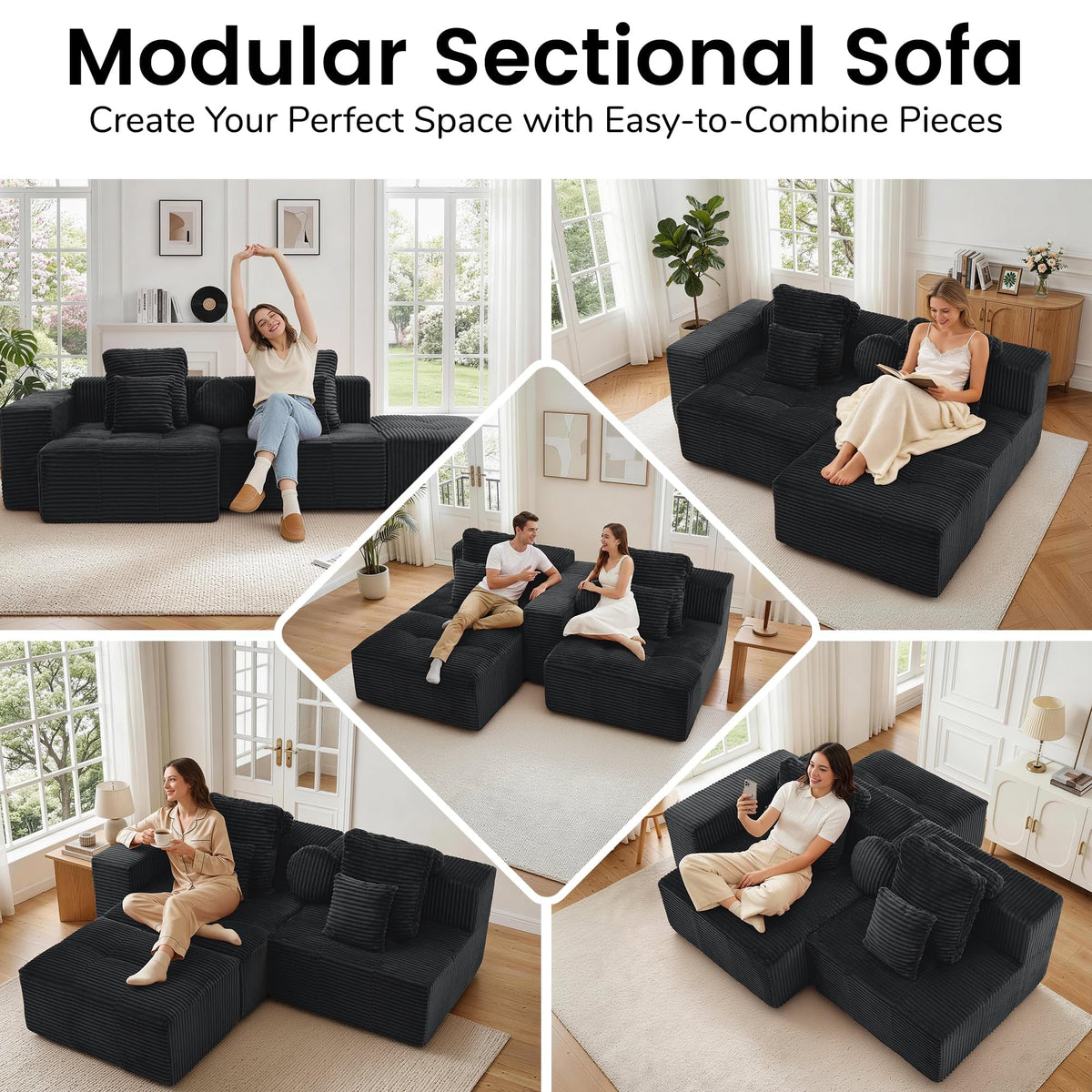 Corduroy Modular Sectional Sofa with Ottoman