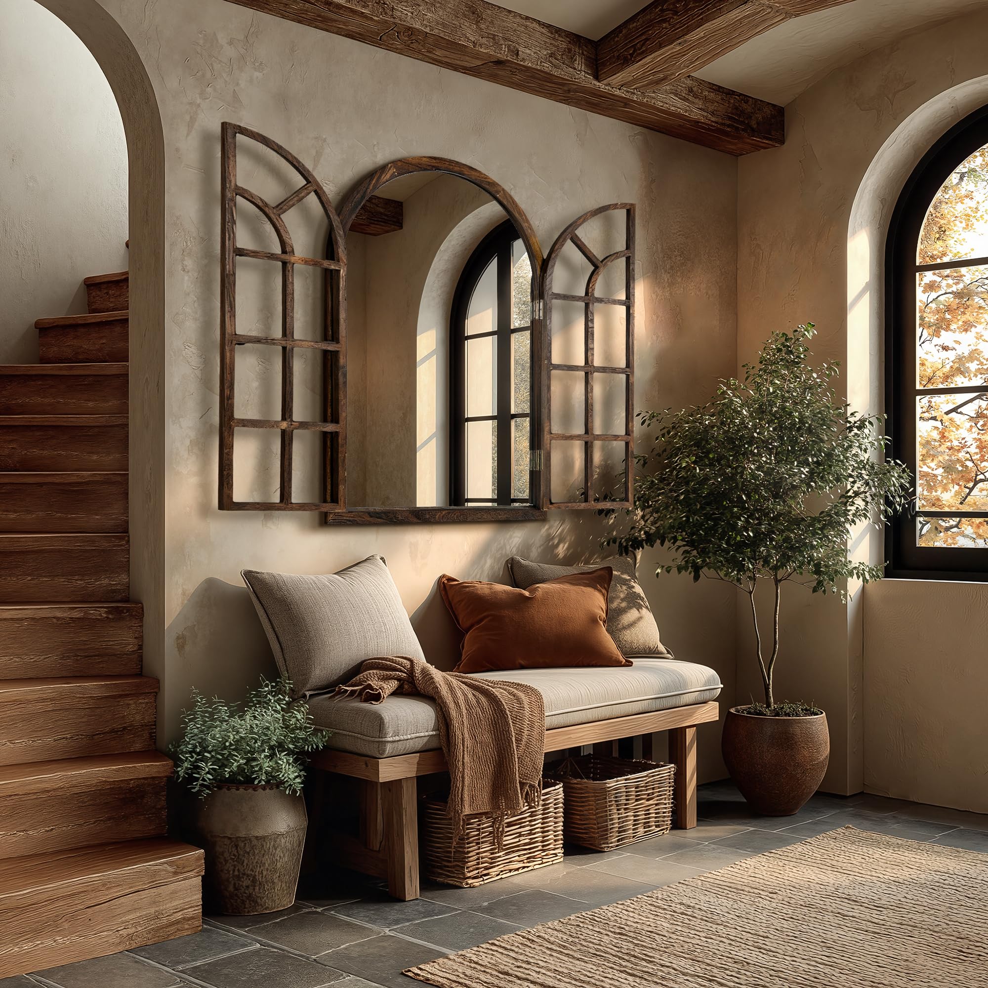 Arched Farmhouse Wall Mirror with Wood Frame