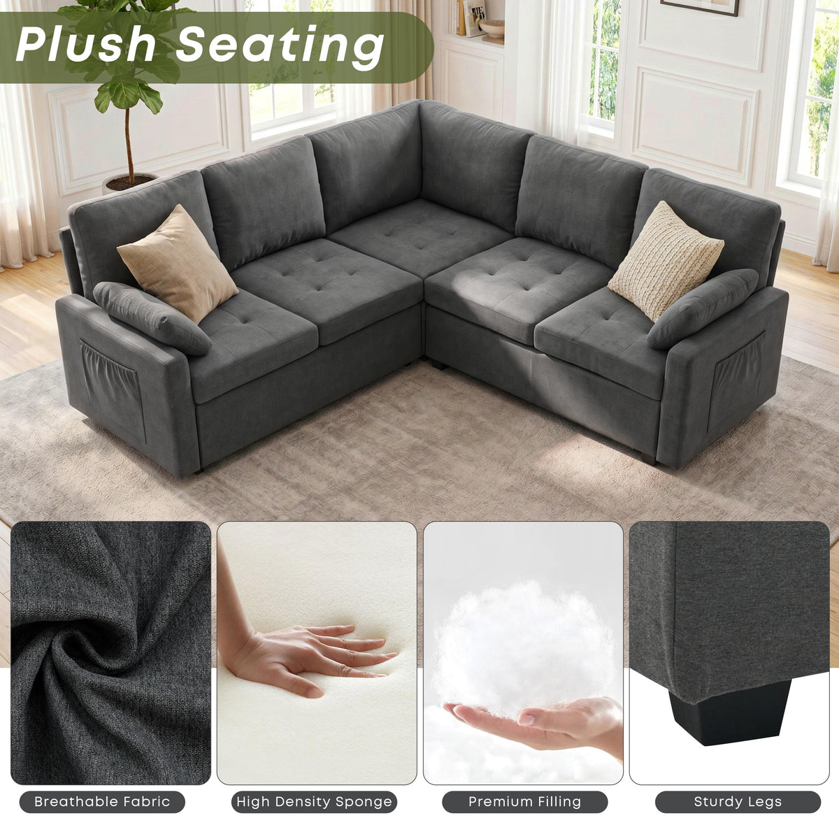Huatean Home 82" Pull Out Couch with Storage, Sleeper Sofa, 5 Seat L Shaped Sectional Couches for Living Room, Modular Sectional Couch with Removable Covers, Dark Grey